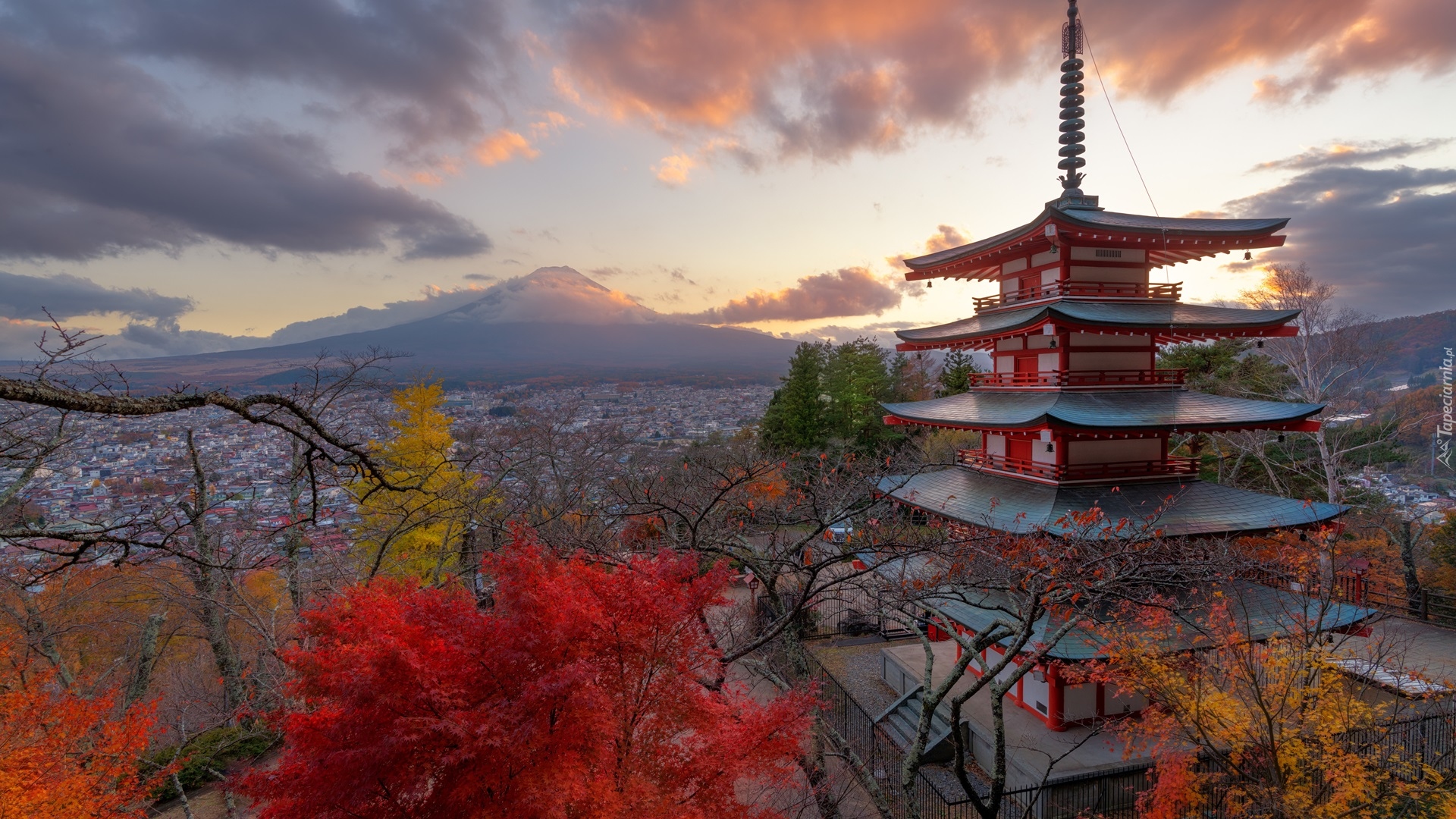 Świątynia, Chureito Pagoda, Góra, Fudżi, Mount Fuji, Drzewa, Jesień, Miasto Fujiyoshida, Prefektura Yamanashi, Wyspa Honsiu, Japonia