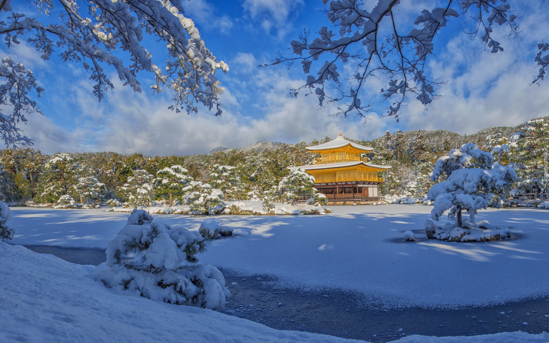 Zima, Świątynia Kinkaku ji, Złoty Pawilon, Staw Kyko chi, Drzewa, Kioto, Japonia