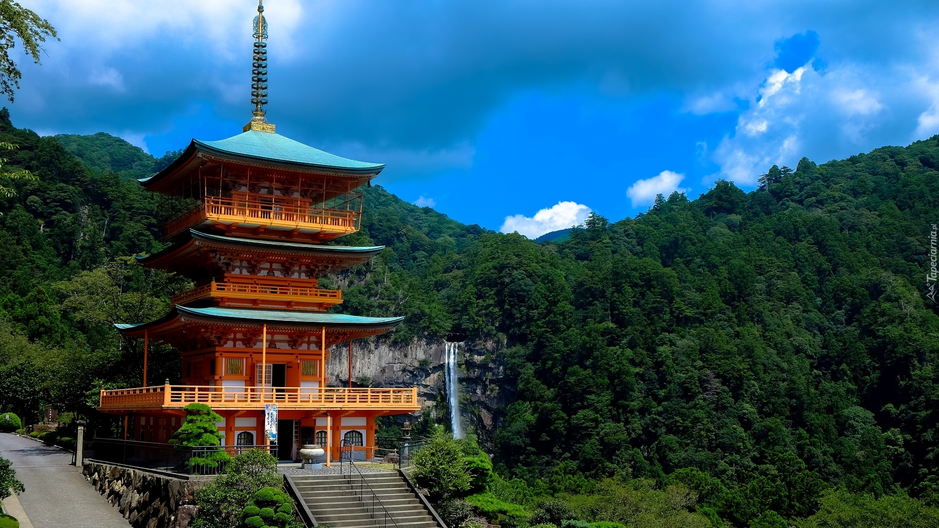 Świątynia, Kumano Nachi Taisha, Drzewa, Las, Wzgórza, Wodospad Nachi, Miejscowość Wakayama, Japonia