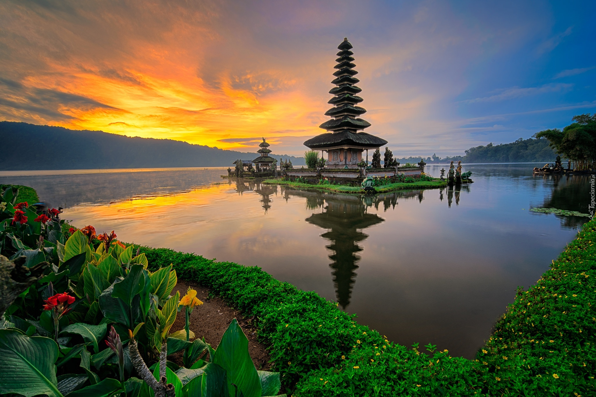 Indonezja, Bali, Świątynia Pura Ulun Danu Bratan, Jezioro Bratan, Góry, Kwiaty, Kanna, Drzewa, Wschód słońca, Mgła