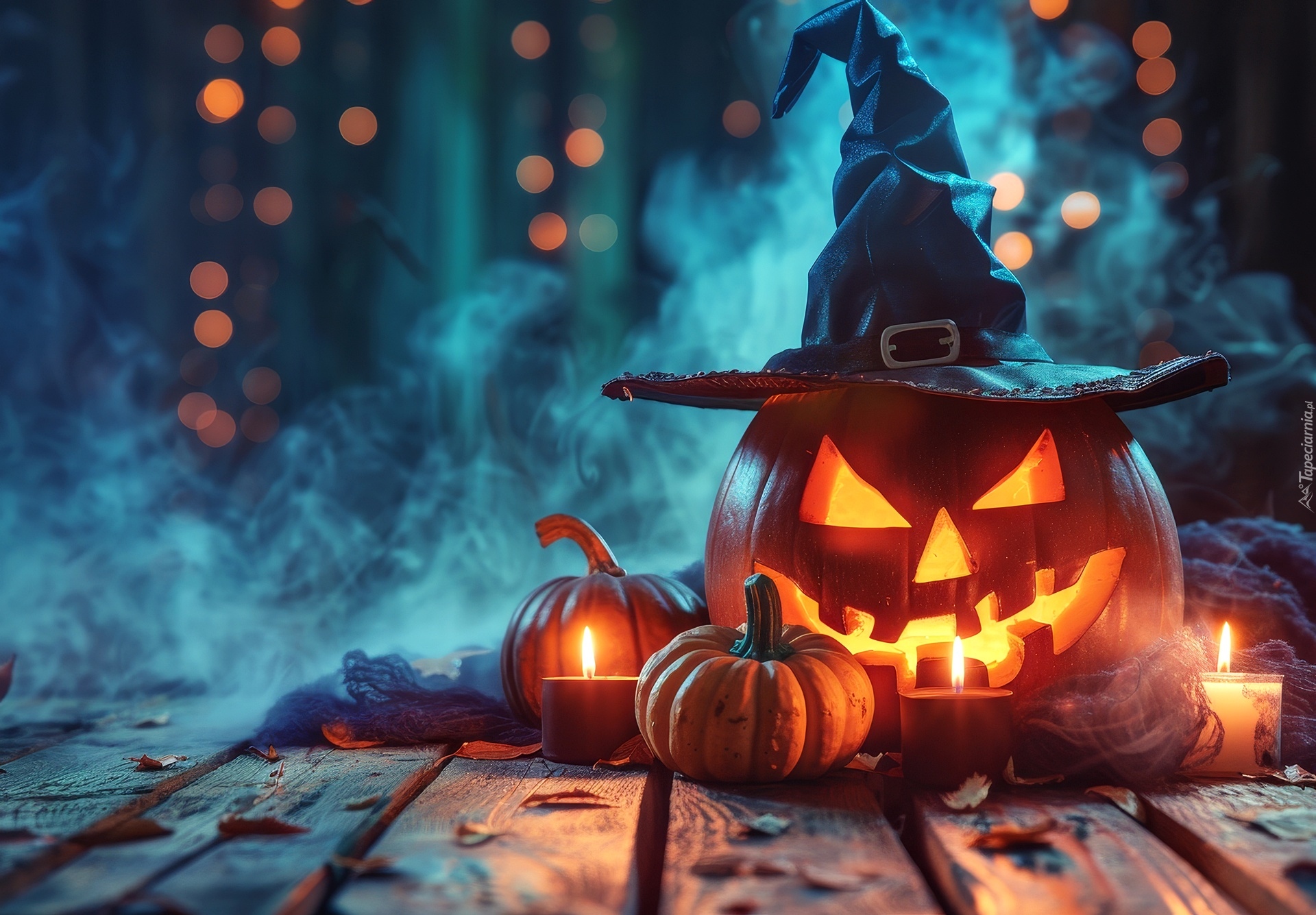 Halloween, Dynia, Kapelusz, Dym, Świece, Grafika AI