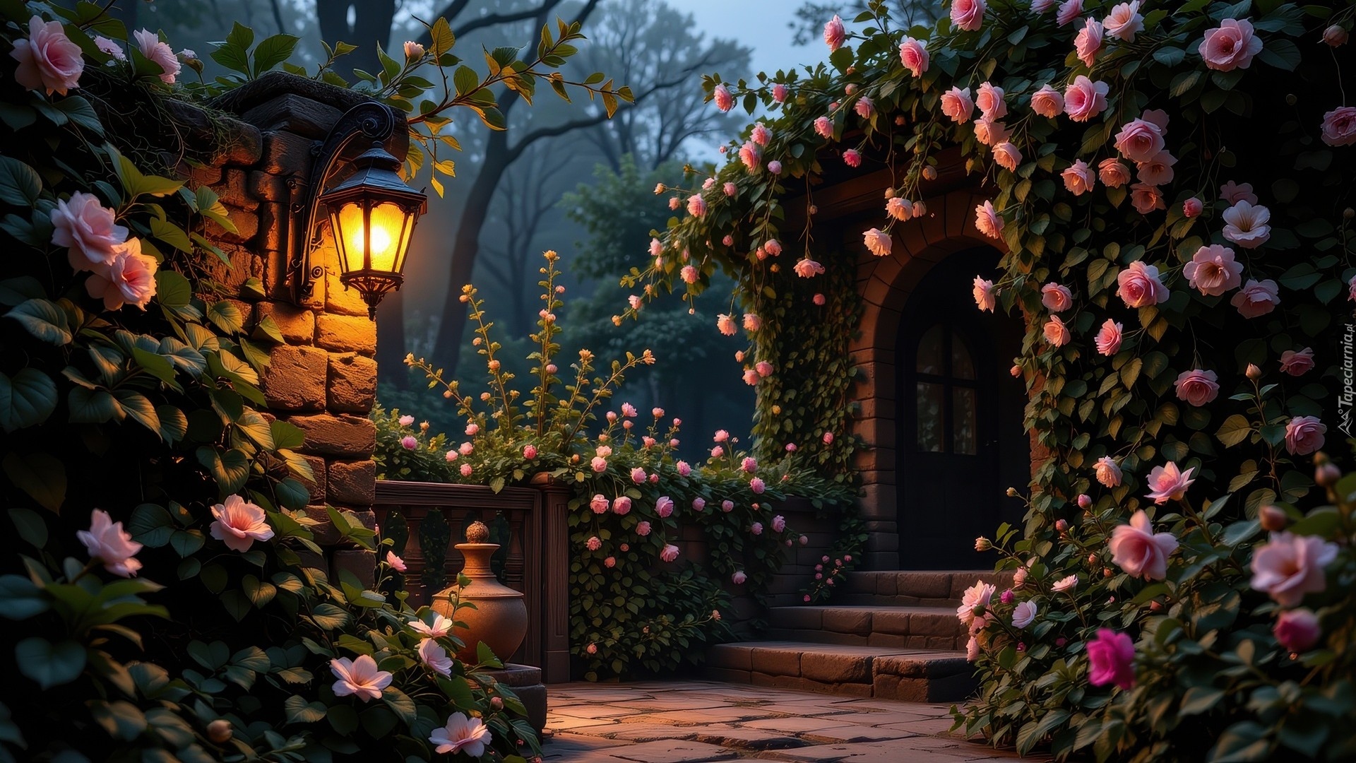 Ogród, Świecący, Lampa, Mur, Różowe, Kwiaty, Schody, Drzwi