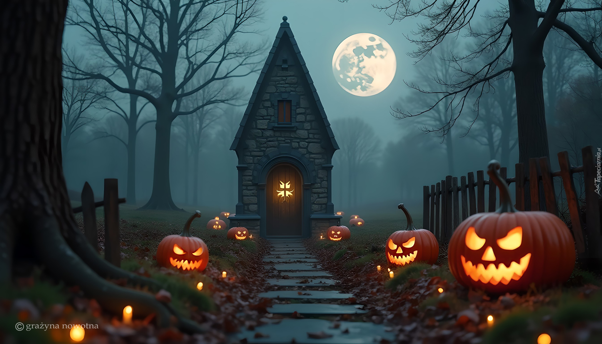 Kaplica, Dynie, Księżyc, Halloween, Grafika