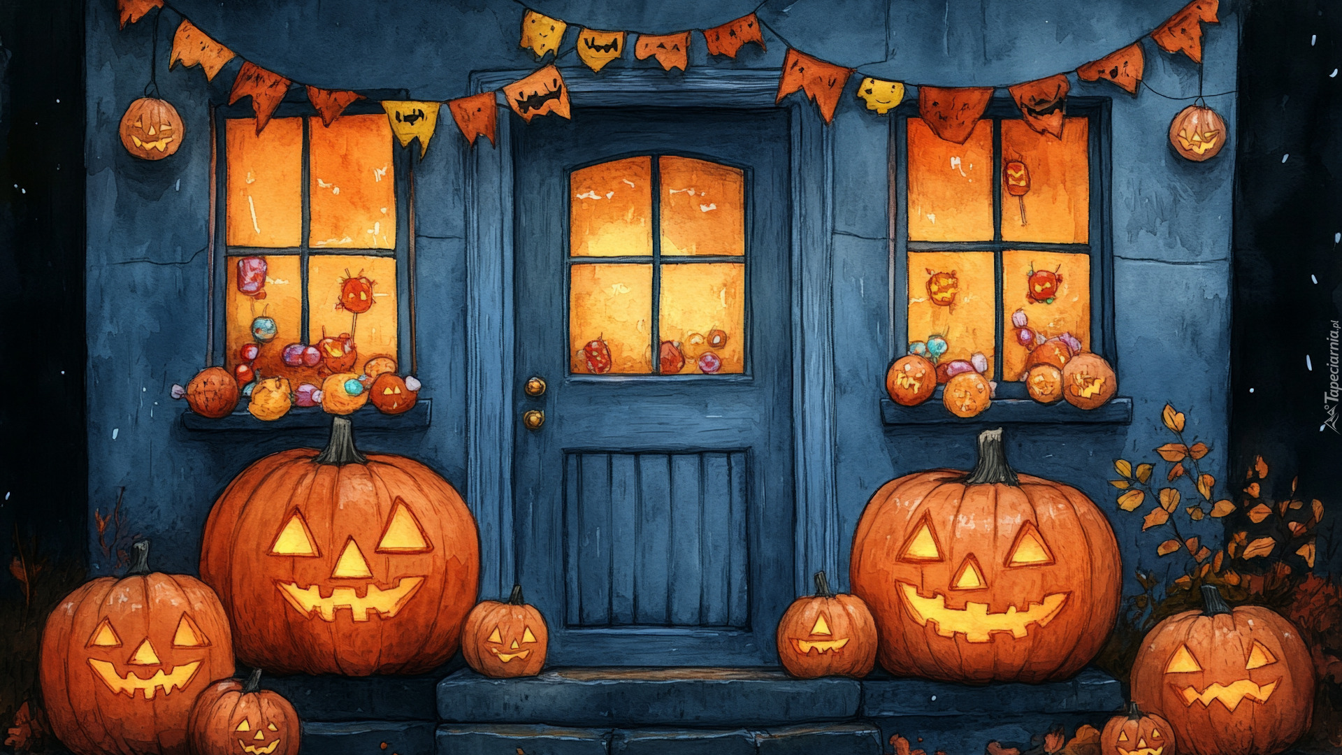 Halloween, Dynie, Dom, Oświetlony