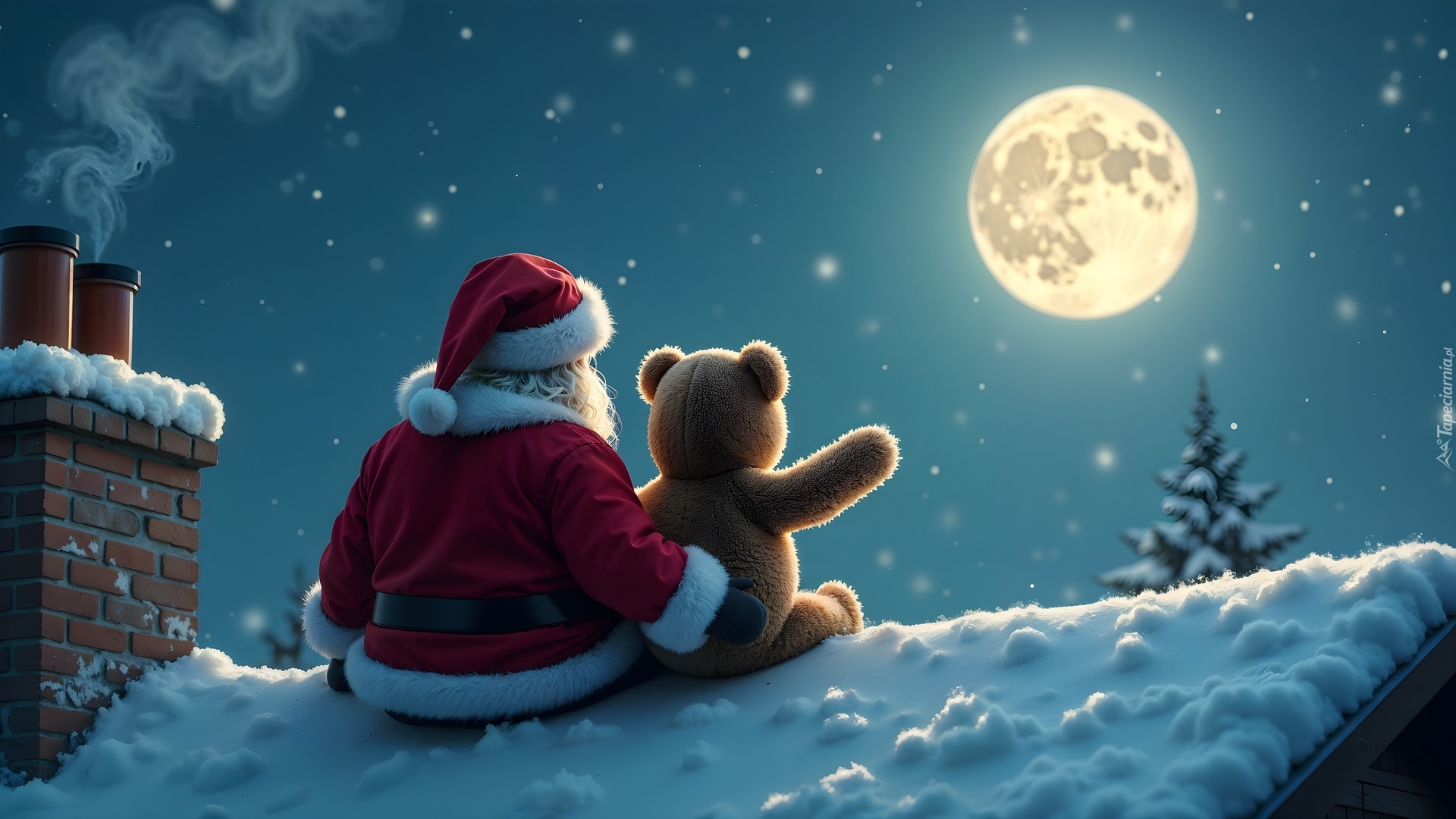 Zima, Pluszowy, Miś, Święty, Mikołaj, Dach, Księżyc
