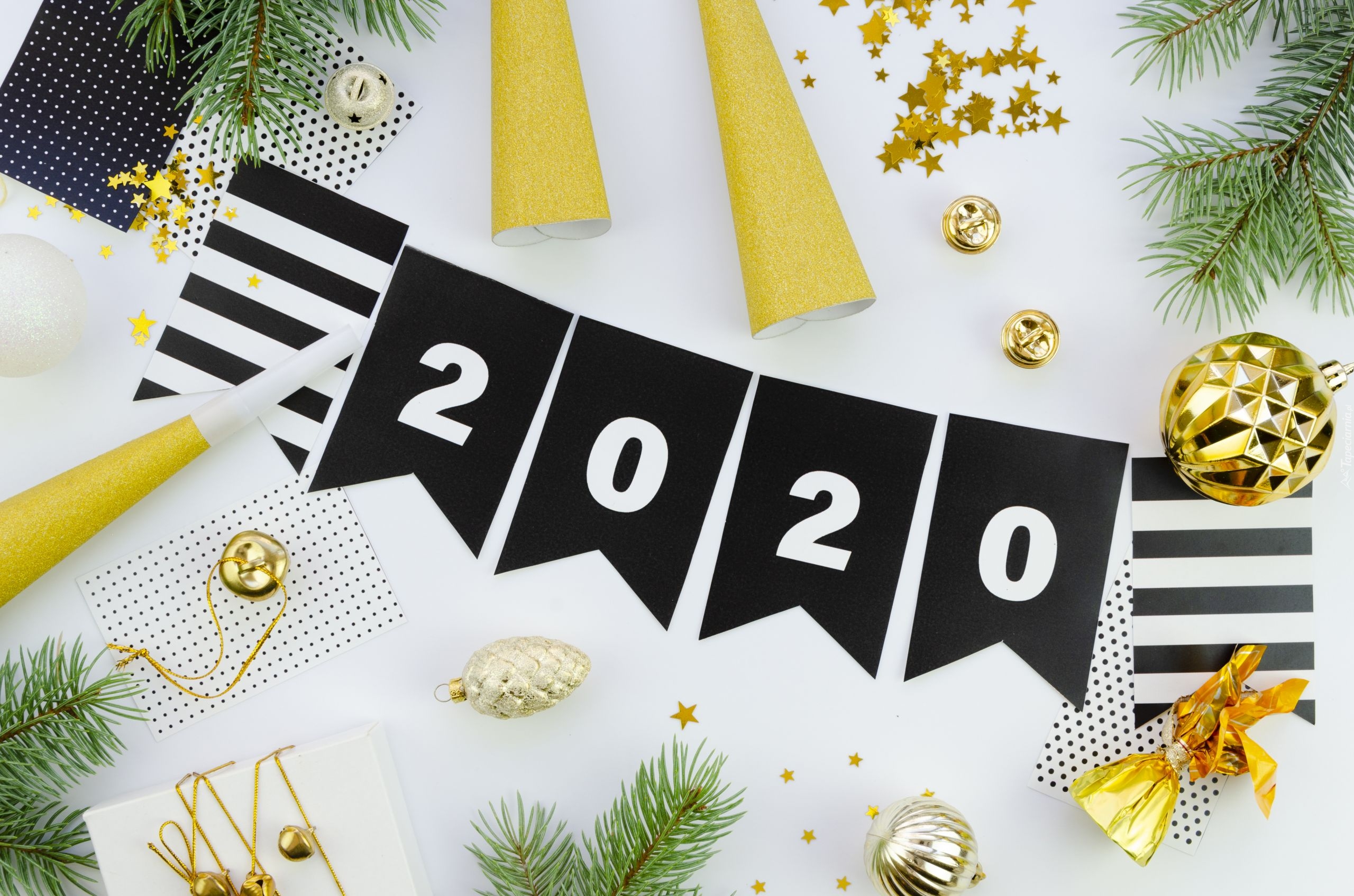 Nowy, Rok, Sylwester, Cyfry, 2020, Świeczki, Gwiazdki, Bombki, Gałązki