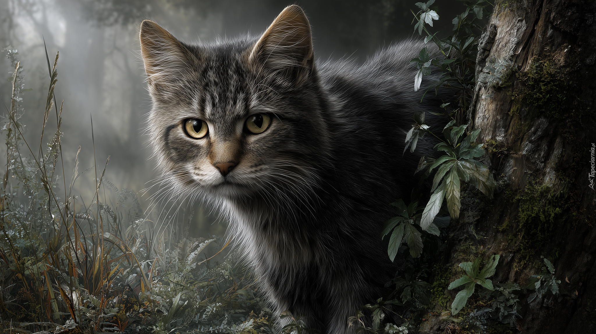 Szary, Kot, Drzewo, Rośliny