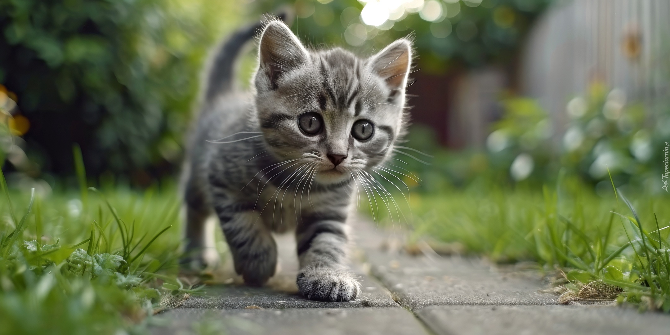 Kot, Szary, Kotek, Chodnik, Trawa, Grafika AI