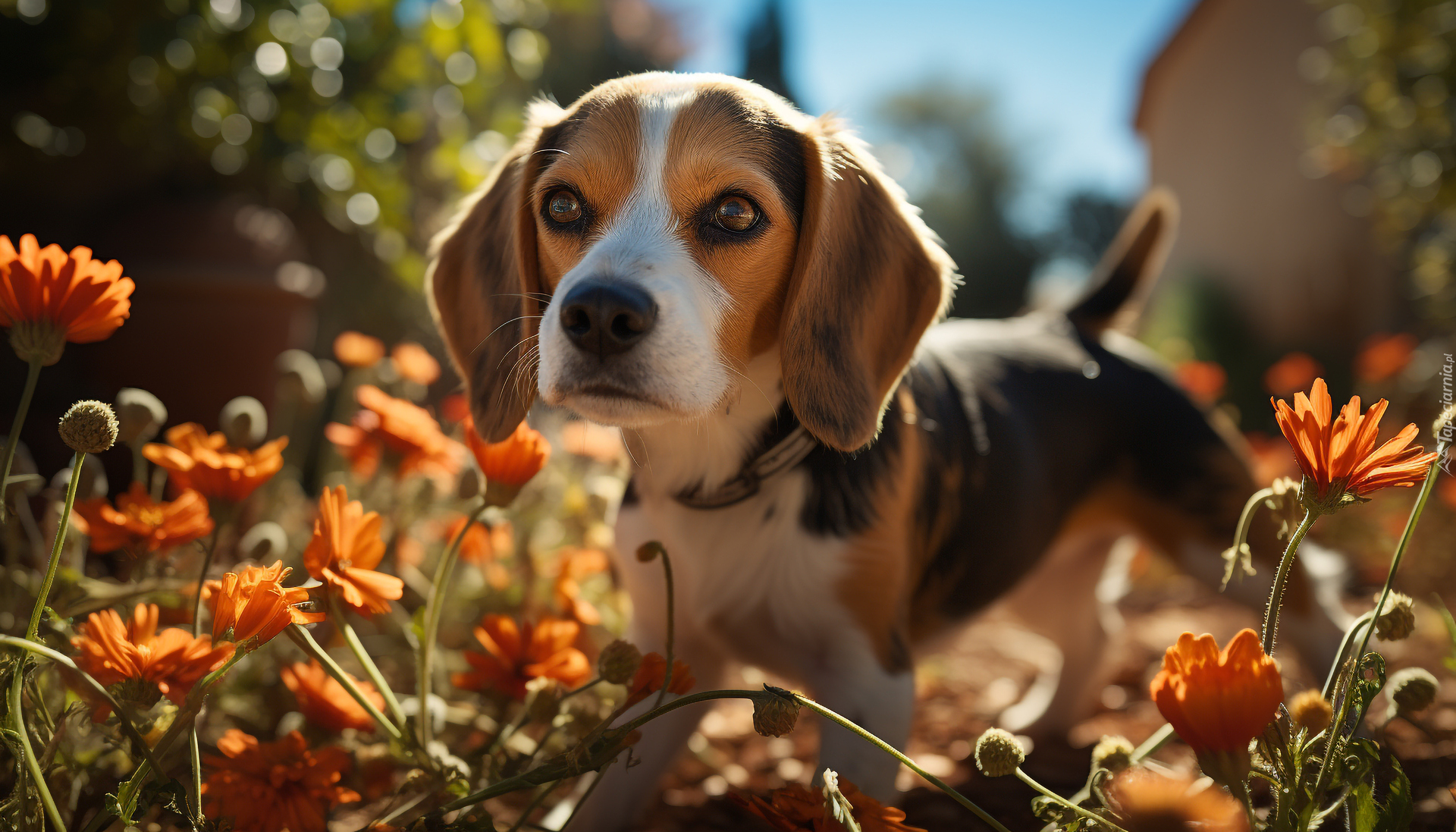Beagle, Pies, Szczeniak, Kwiaty, Grafika