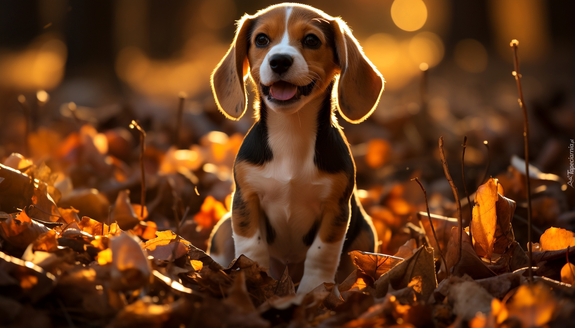 Pies, Beagle, Szczeniak, Liście, Jesień, Grafika AI