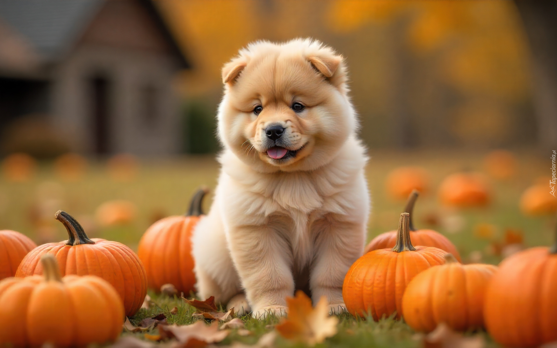 Pies, Szczeniak, Chow chow, Dynie, Liście, Jesień, Grafika AI