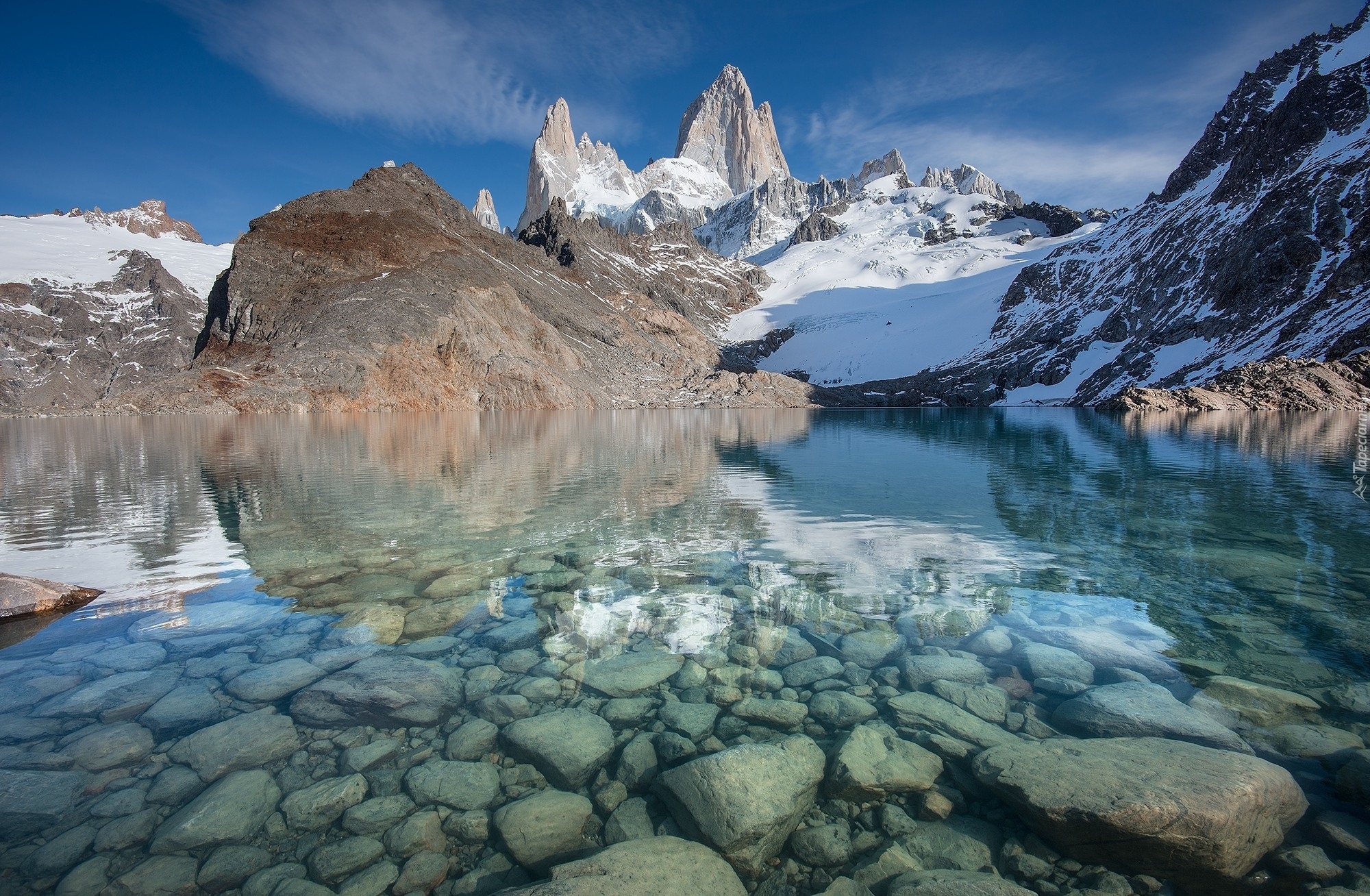 Argentyna, Patagonia, Góry Andy, Szczyt Fitz Roy, Zima, Jezioro, Kamienie