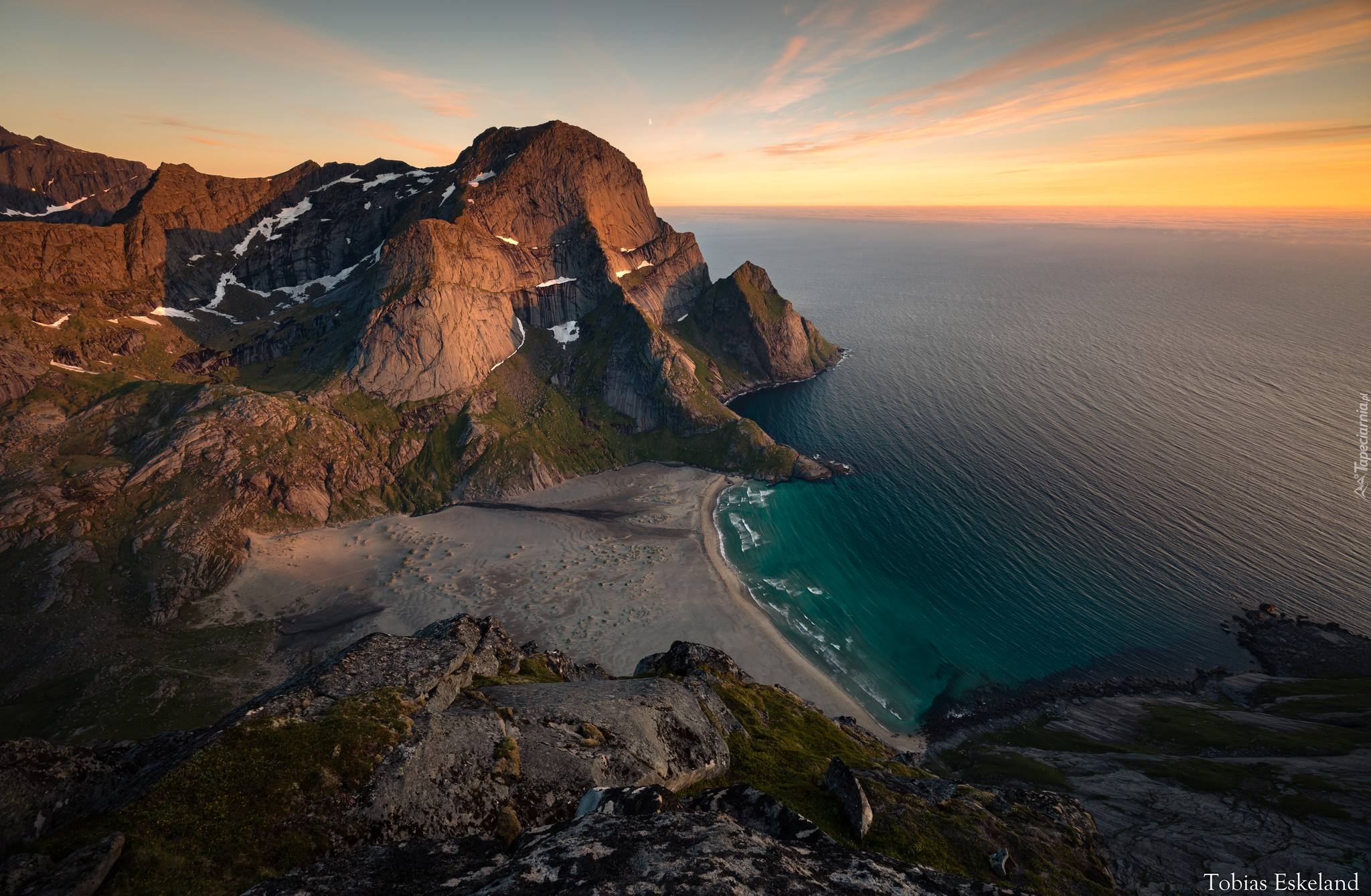 Norwegia, Góry, Szczyt, Helvetestinden, Bunesstranda, Lofoty, Morze Norweskie, Plaża, Dunes, Zachód słońca