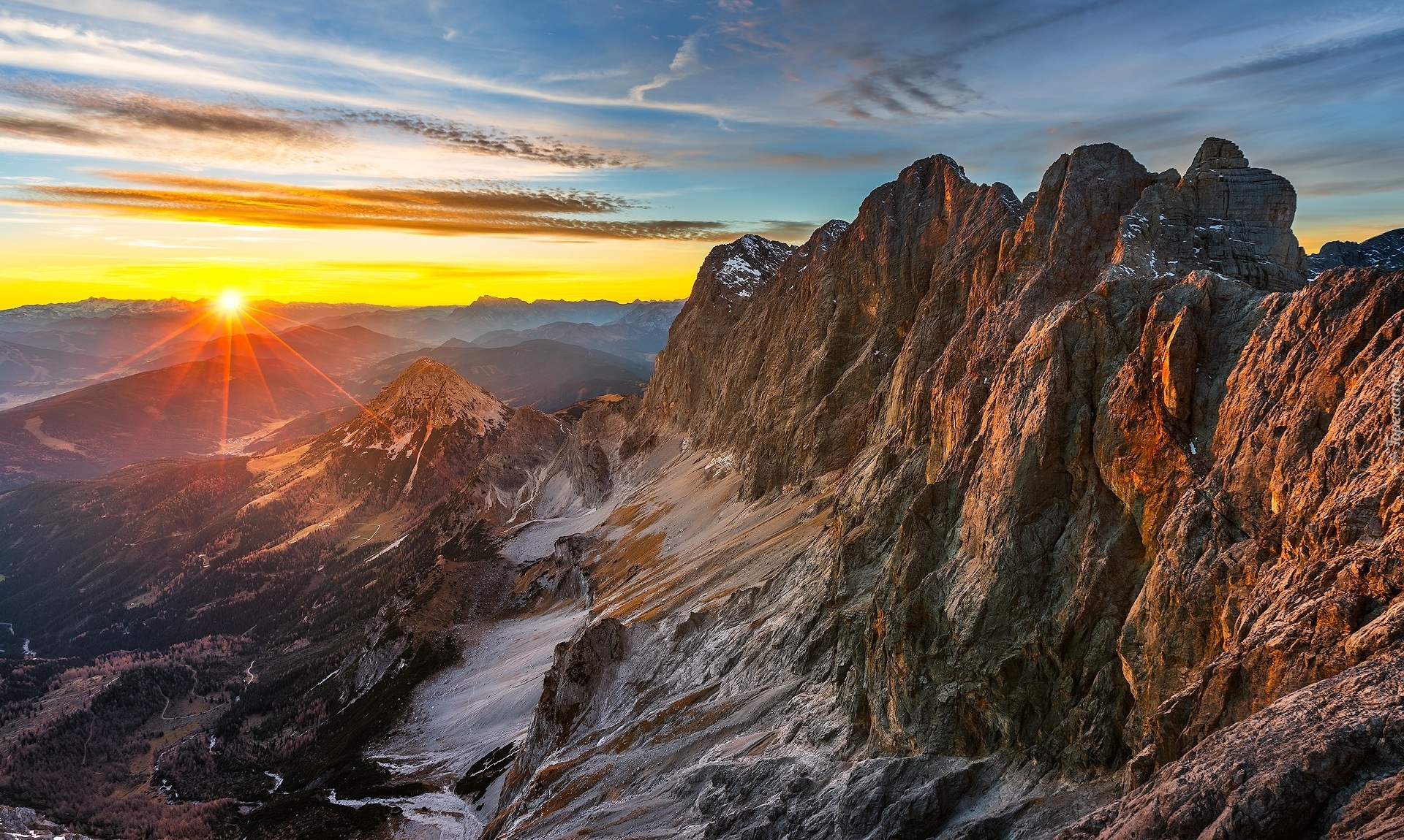 Austria, Styria, Góry, Szczyt, Hoher Dachstein, Dolina, Drzewa, Zachód słońca