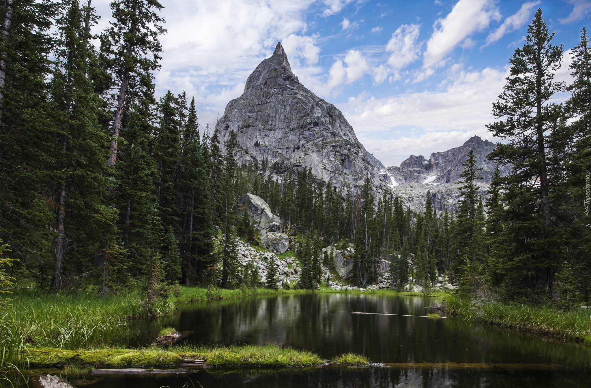 Góry, Szczyt Lone Eagle Peak, Indian Peaks Wilderness, Stan Kolorado, Stany Zjednoczone, Jezioro, Drzewa, Chmury