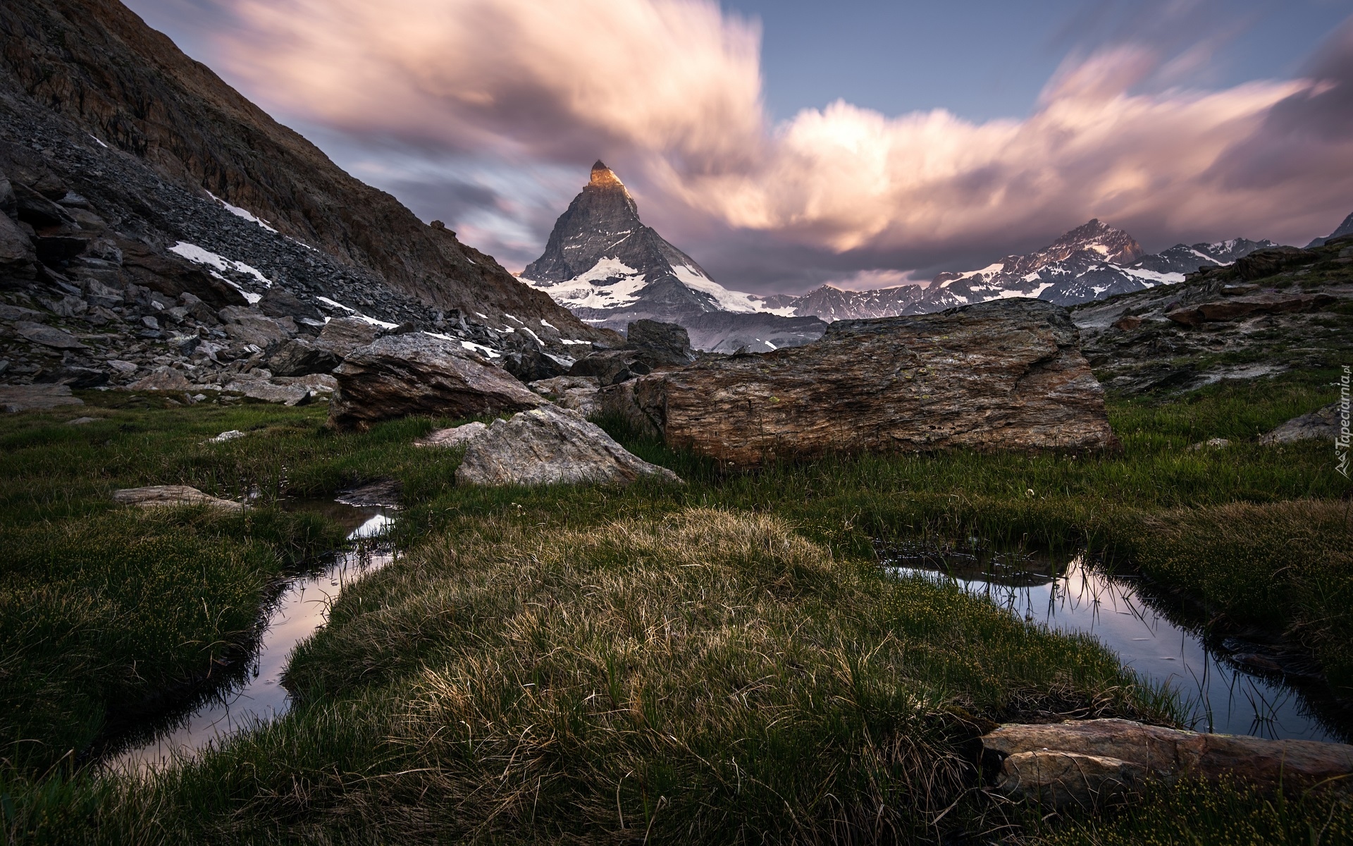 Szwajcaria, Góry, Alpy Pennińskie, Szczyt Matterhorn, Skały, Strumyk