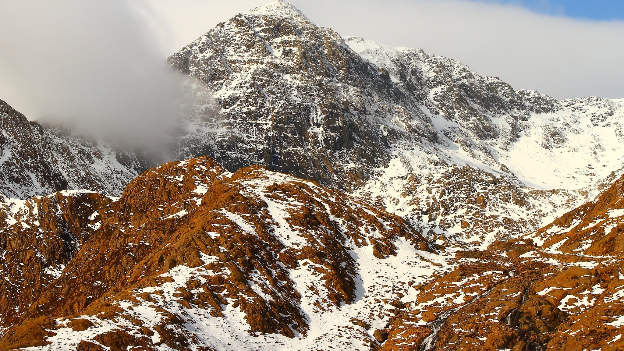 Ośnieżone, Góry Kambryjskie, Szczyt, Mount Snowdon, Mgła, Walia