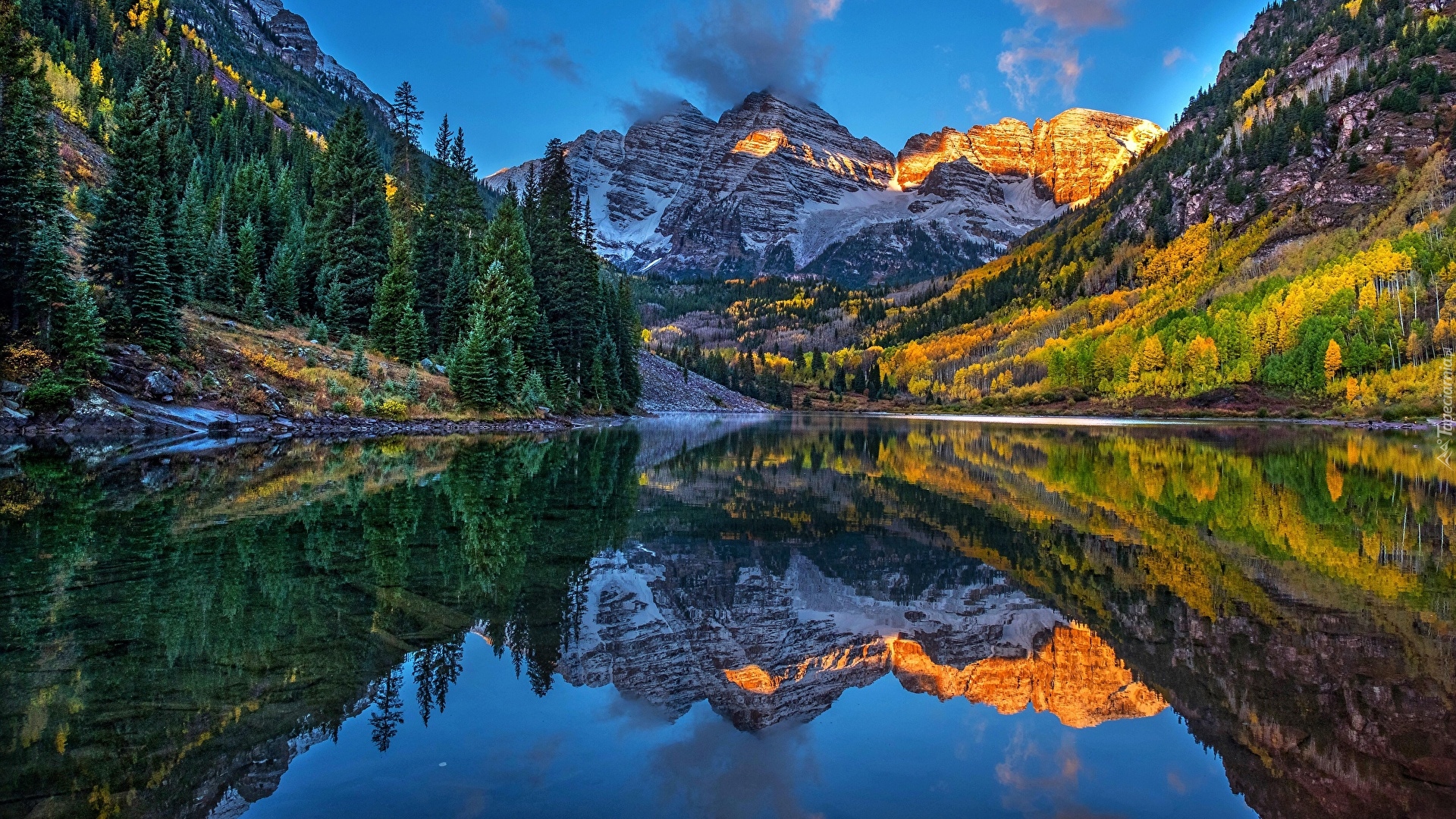 Jezioro, Maroon Lake, Szczyty, Maroon Bells, Góry, Drzewa, Kolorado, Stany Zjednoczone