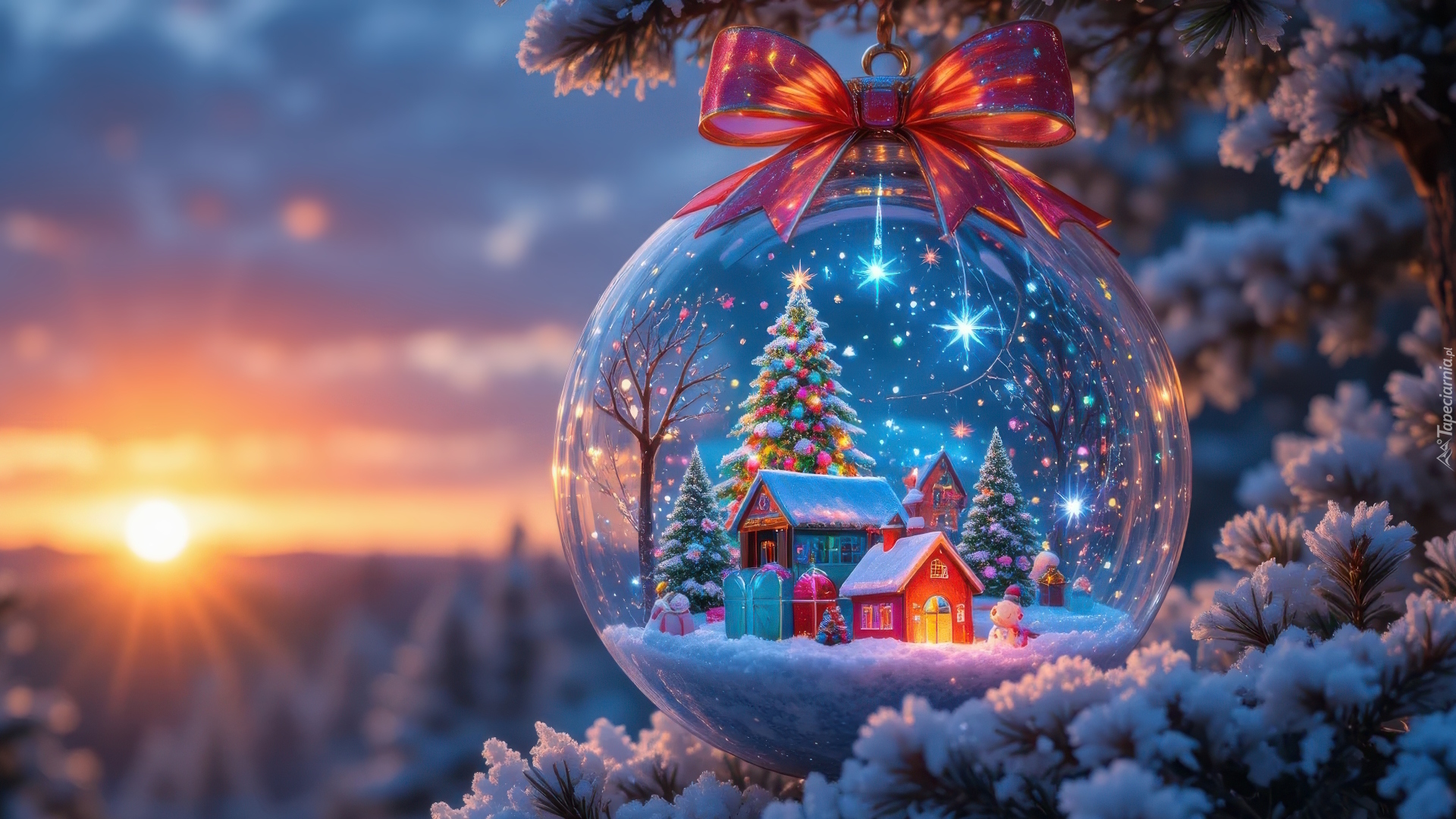 Boże Narodzenie, Szklana, Bombka, Czerwona, Kokarda, Choinki, Domki