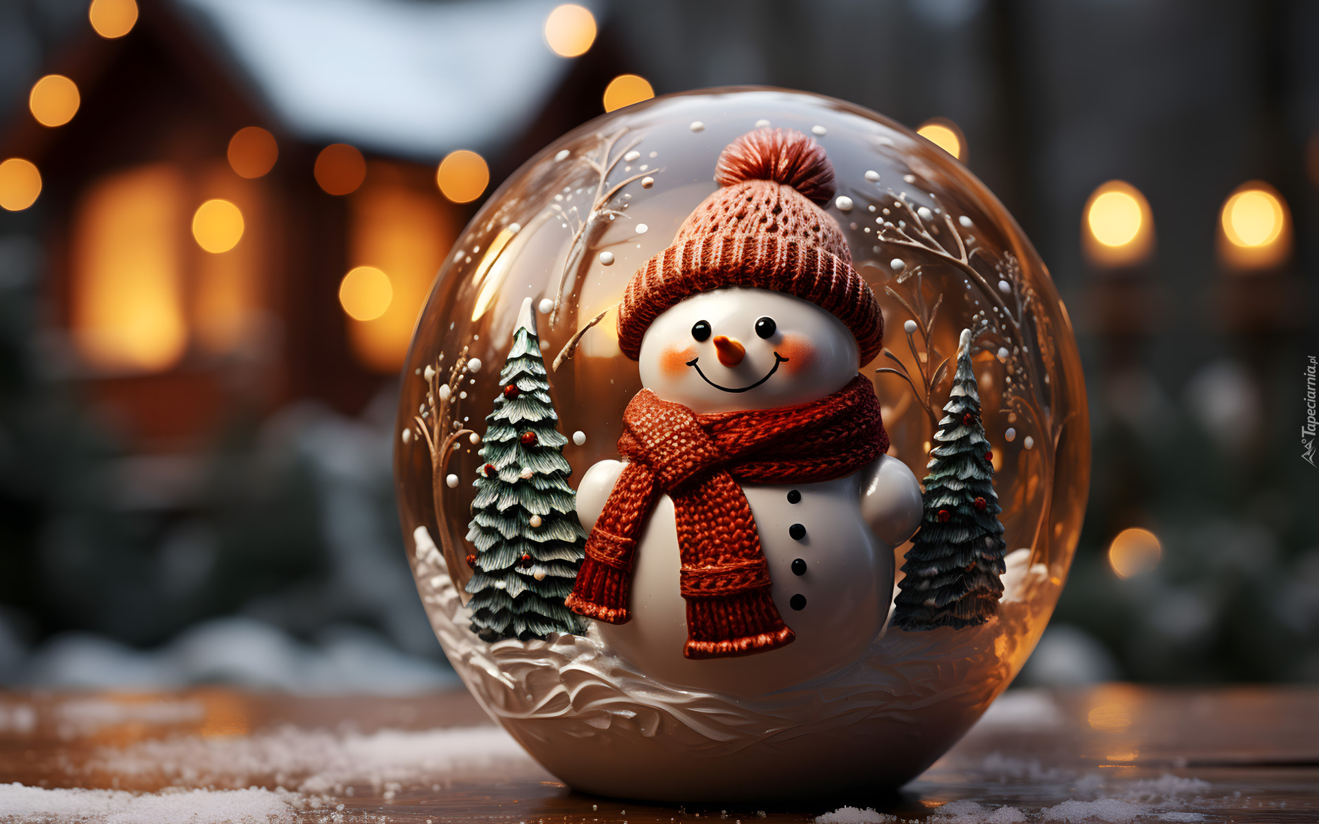 Zima, Śnieg, Szklana, Kula, Bałwan, Czapka, Szalik, Uśmiech, Dekoracja