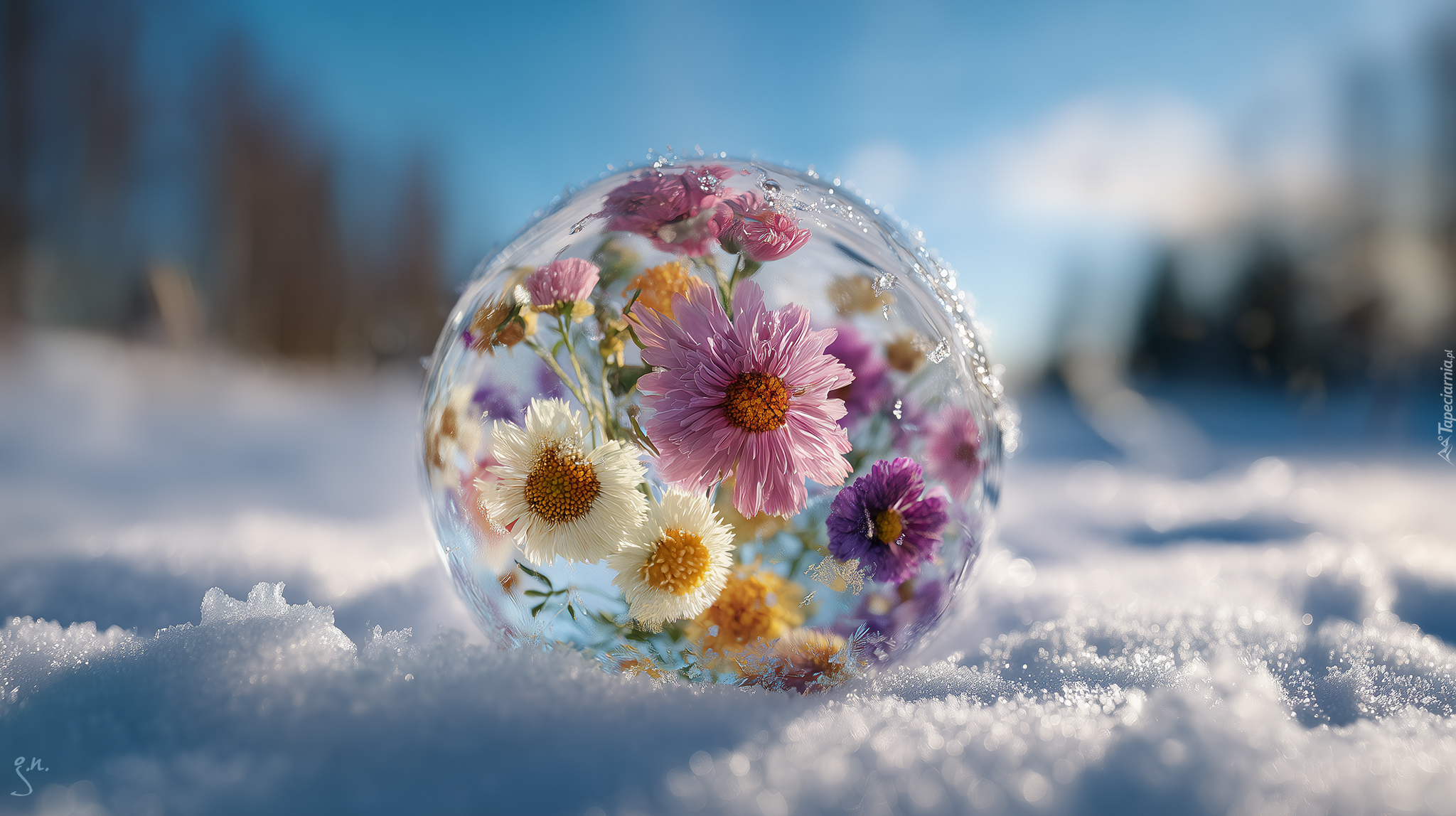 Szklana, Kula, Kwiaty, Śnieg, Grafika AI