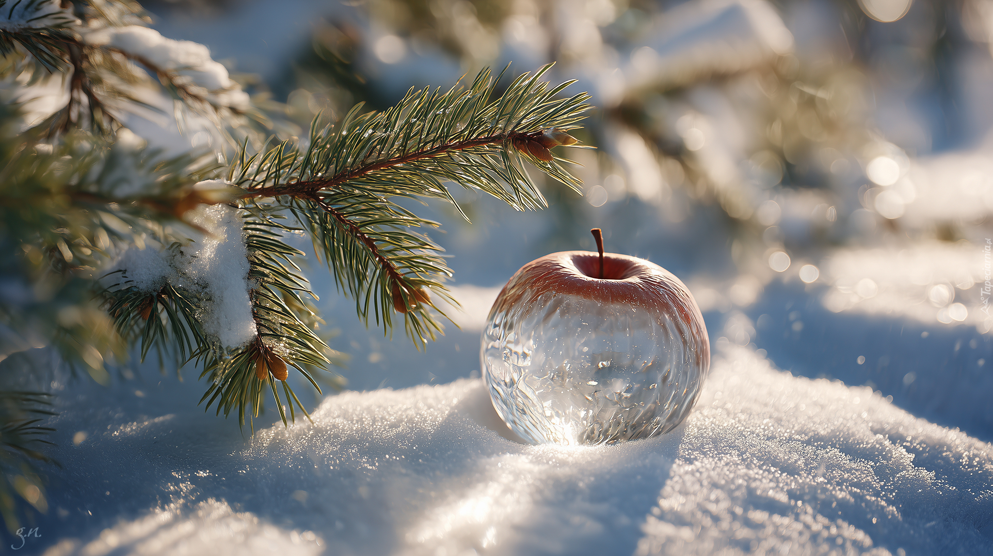 Szklane, Jabłko, Iglak, Śnieg, Zima, Grafika AI