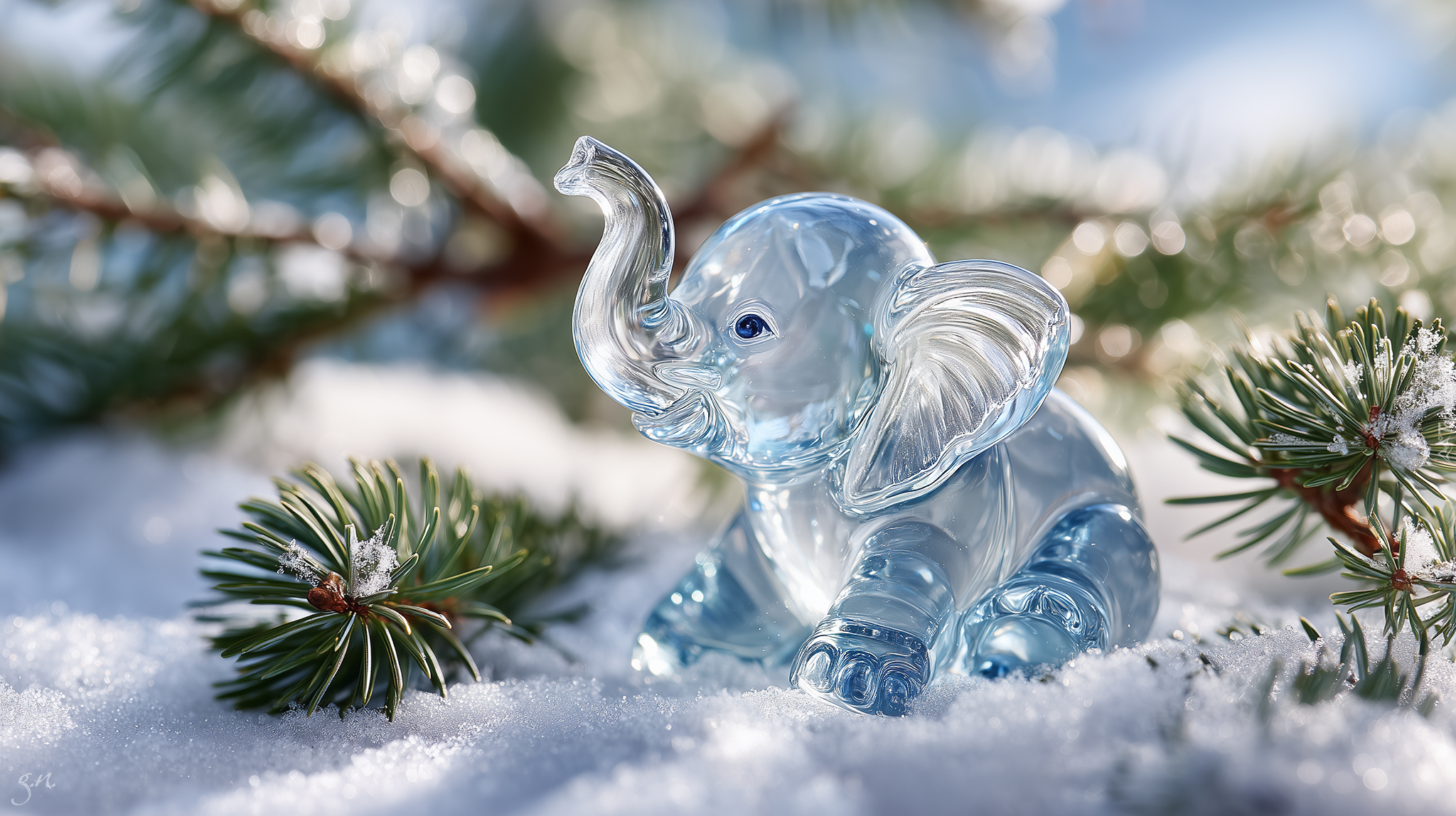 Dekoracja, Niebieski, Słoń, Iglak, Śnieg, Grafika AI