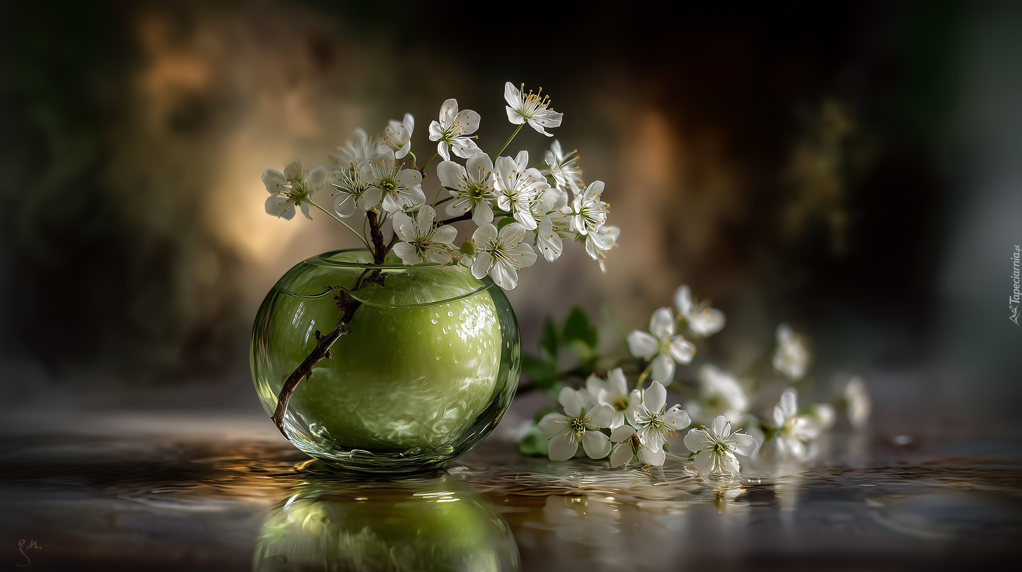 Szklany, Wazonik, Zielone, Jabłko, Białe, Kwiaty, Drzewo owocowe, Grafika AI