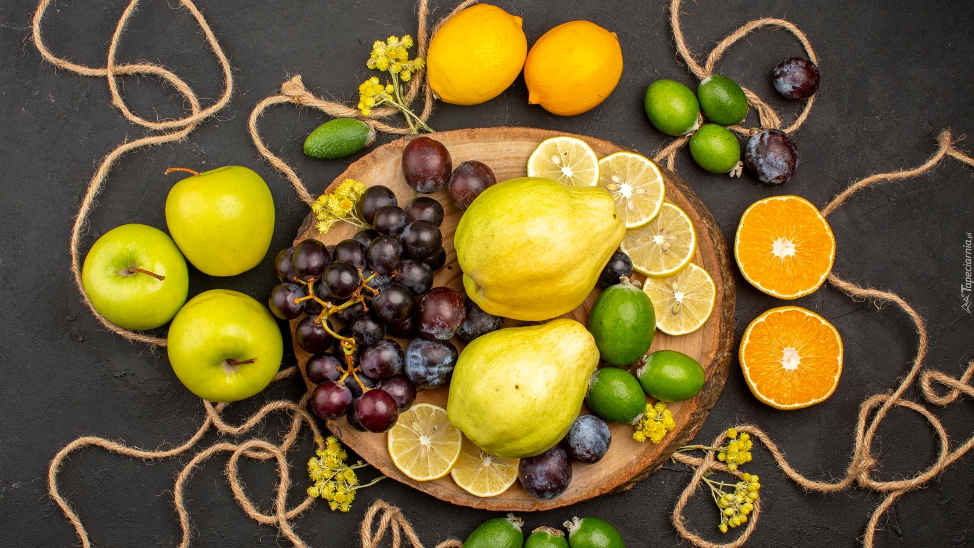 Owoce, Winogrona, Cytryny, Jabłka, Gruszki, Pomarańcze, Sznurek, Deska
