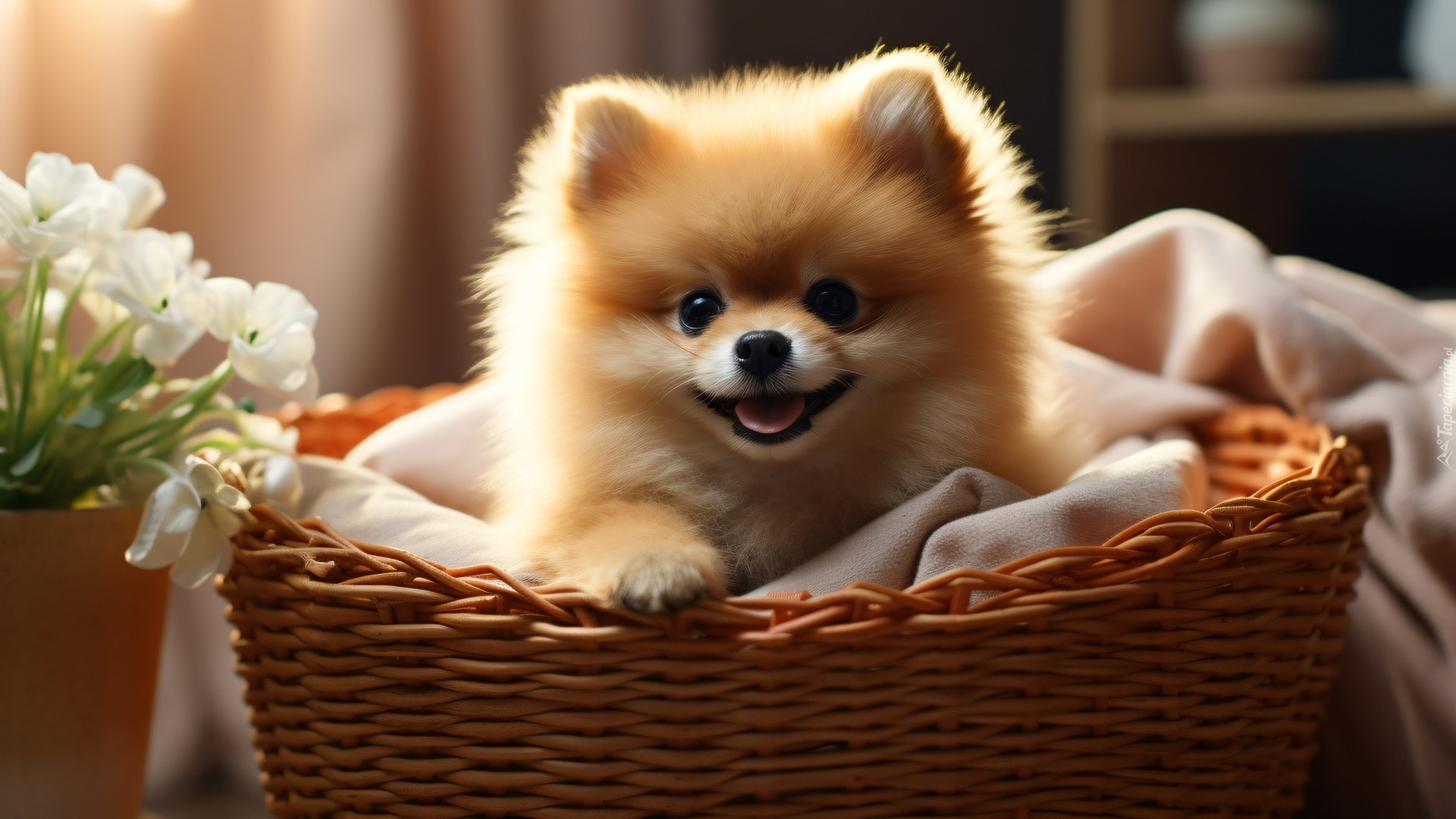 Pies, Szpic miniaturowy, Kosz, Koc, Białe, Kwiaty