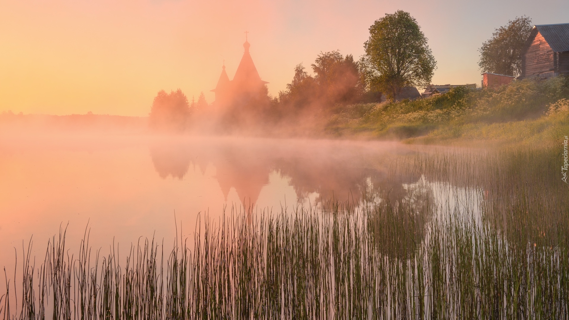 Rzeka, Mgła, Cerkiew, Domy, Drzewa, Szuwary, Odbicie