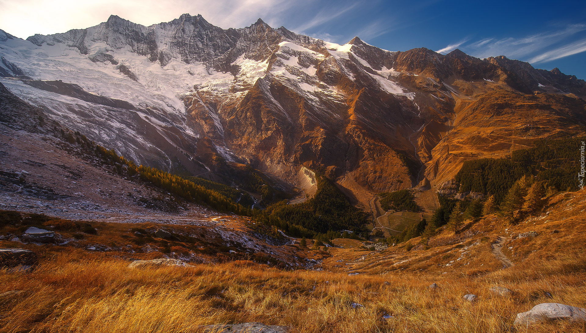 Szwajcaria, Kanton Valais, Saas-Fee, Alpy Pienińskie, Góry, Trawa, Kamienie, Skały, Jesień