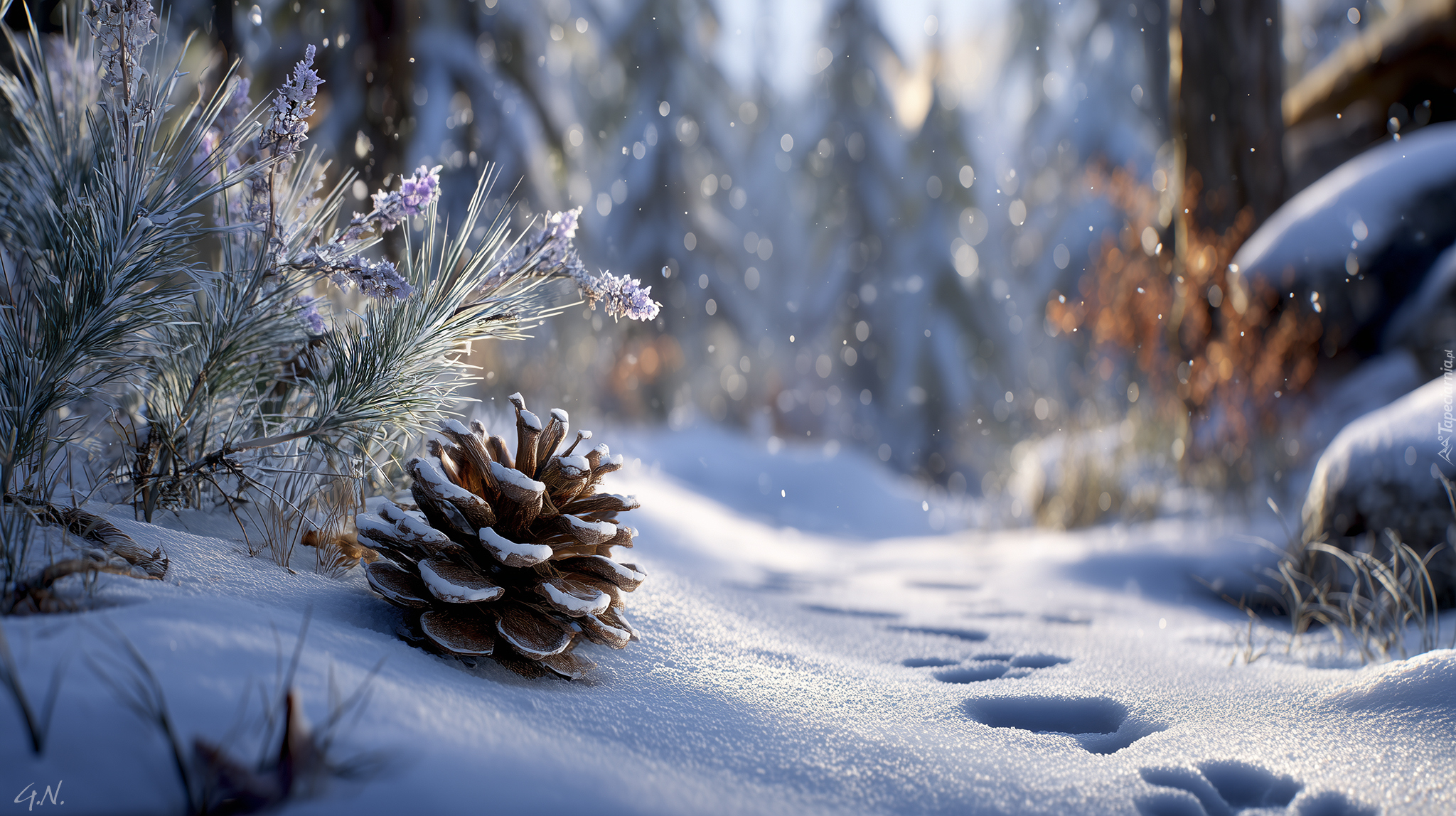 Szyszka, Zima, Śnieg, Rośliny, Grafika AI