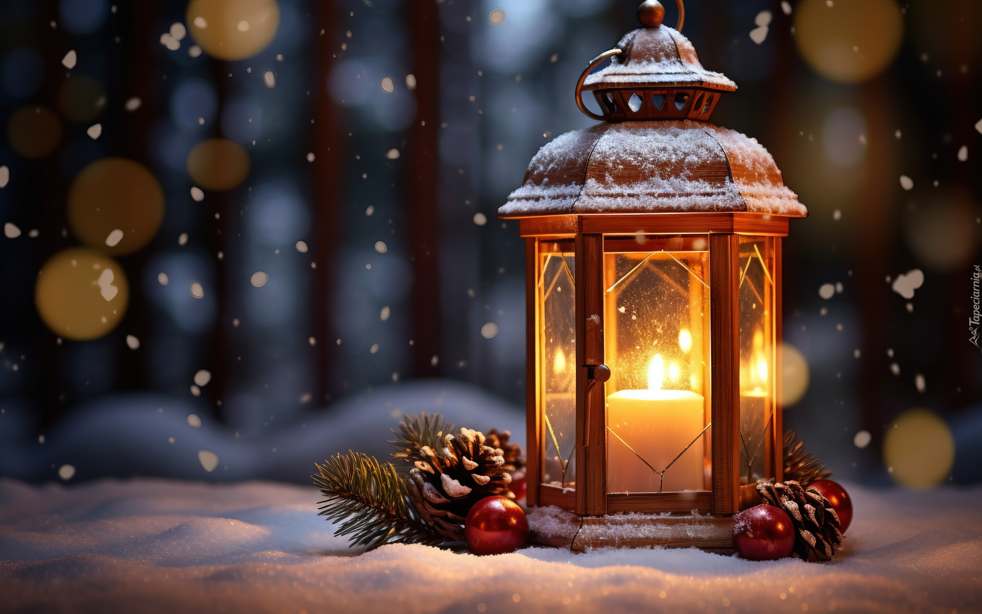 Śnieg, Lampion, Świeca, Gałązki, Szyszki, Bombki, Noc, Boże Narodzenie