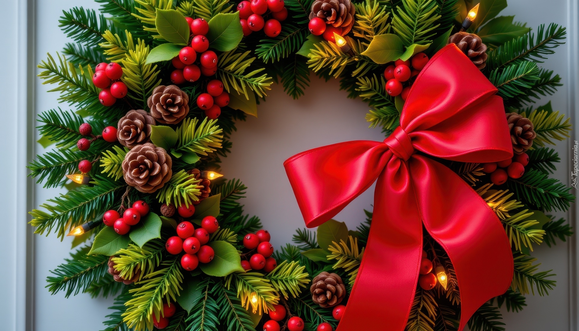 Kokarda, Szyszki, Światełka, Jagody, Wieniec, Ozdoba, Boże Narodzenie, Grafika AI