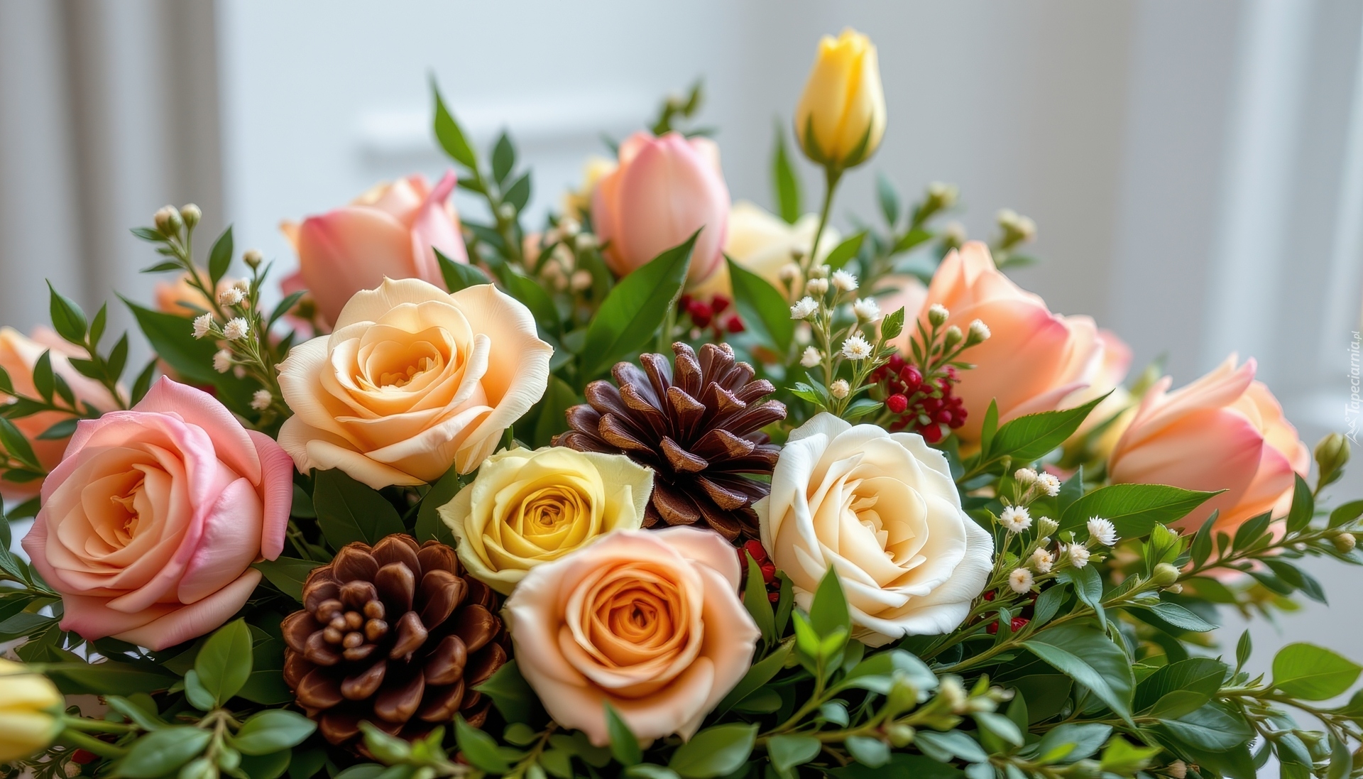 Kwiaty, Róże, Szyszki, Liście, Grafika AI