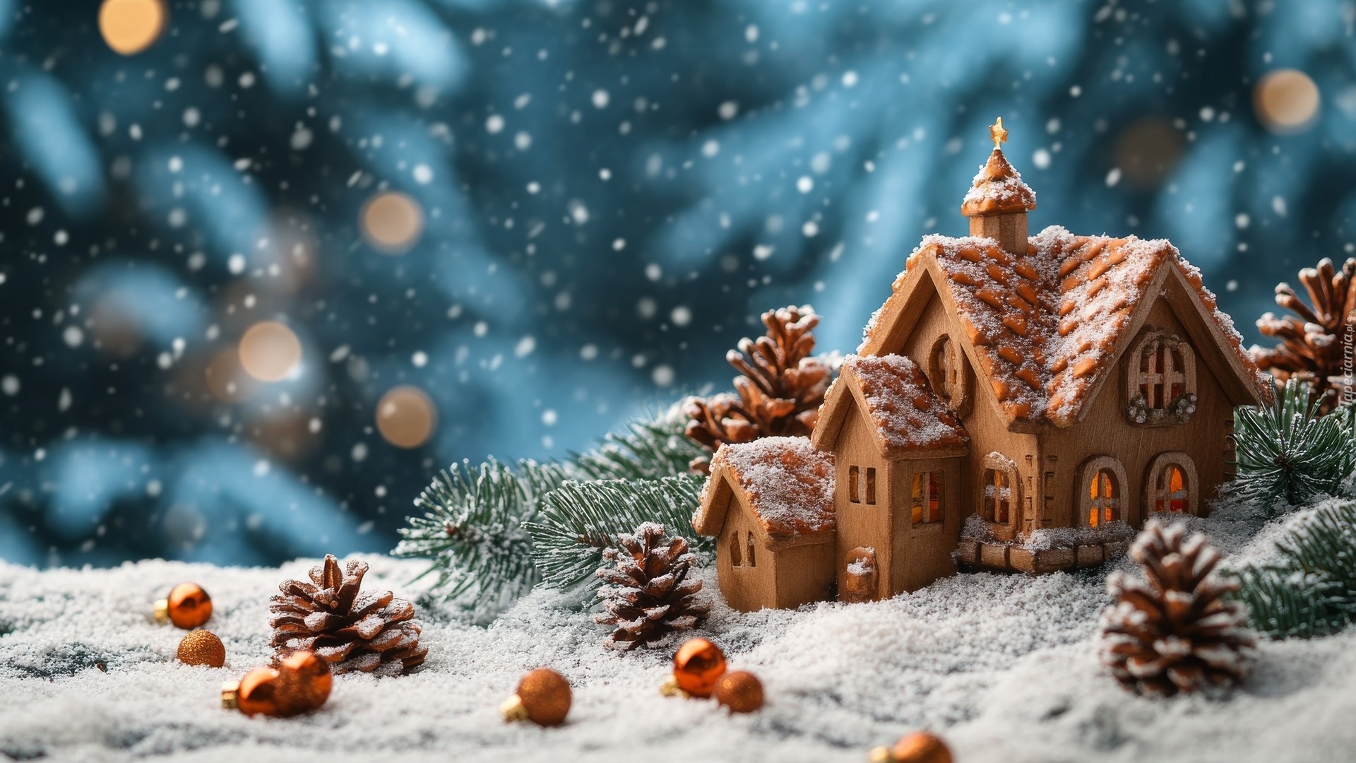 Zima, Domek, Szyszki, Zielone, Gałązki, Dekoracja, Świąteczna