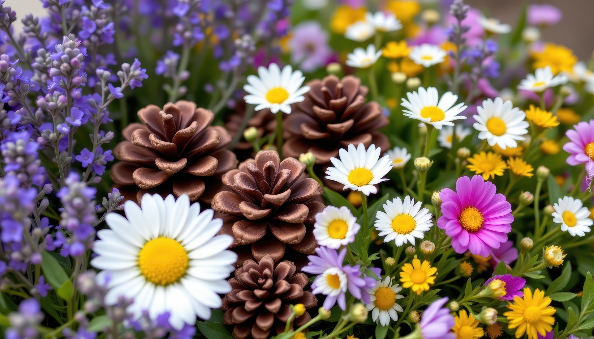 Kolorowe, Kwiaty, Lawenda, Stokrotki, Szyszki