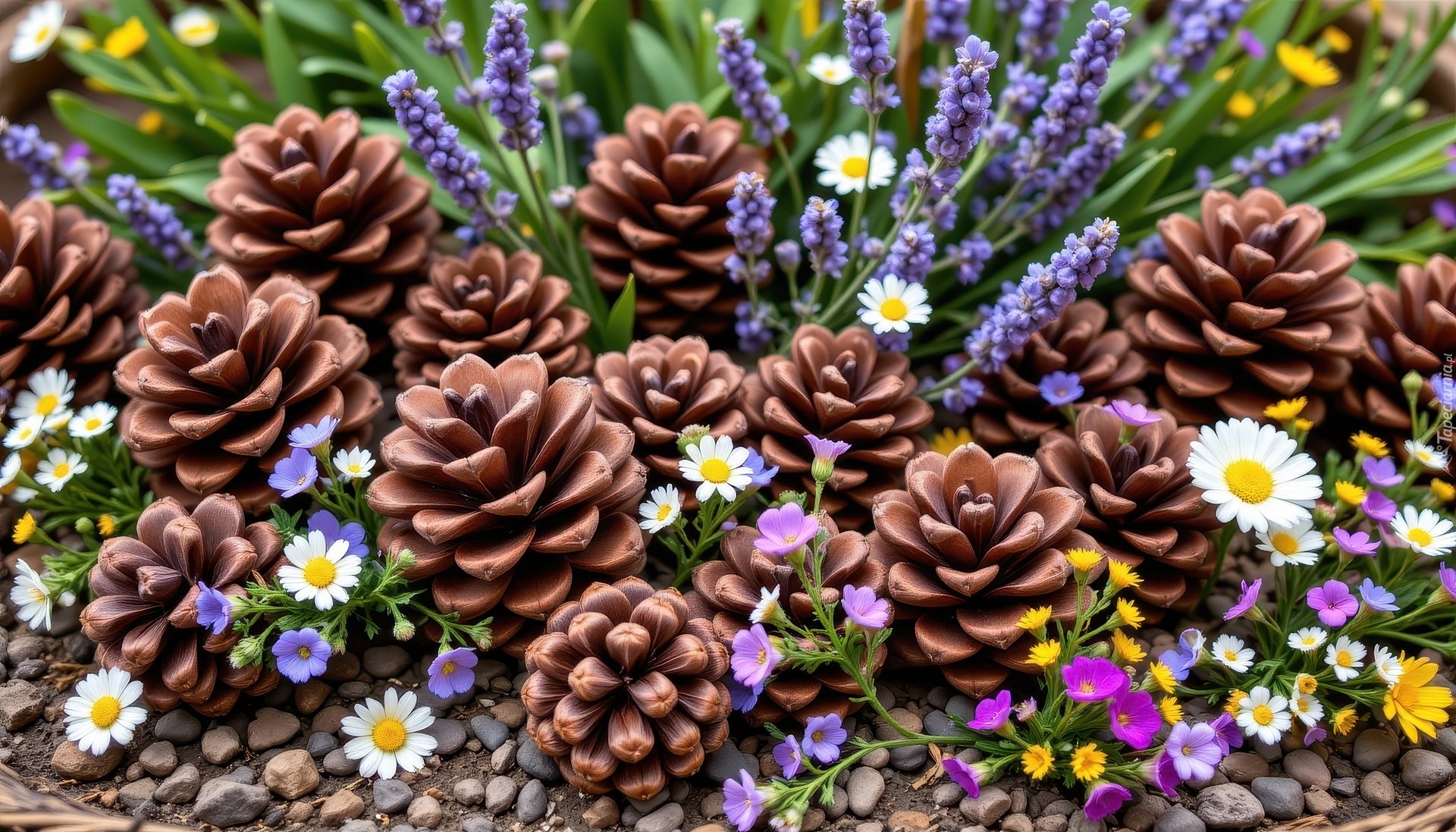 Szyszki, Kwiaty, Lawenda, Stokrotki