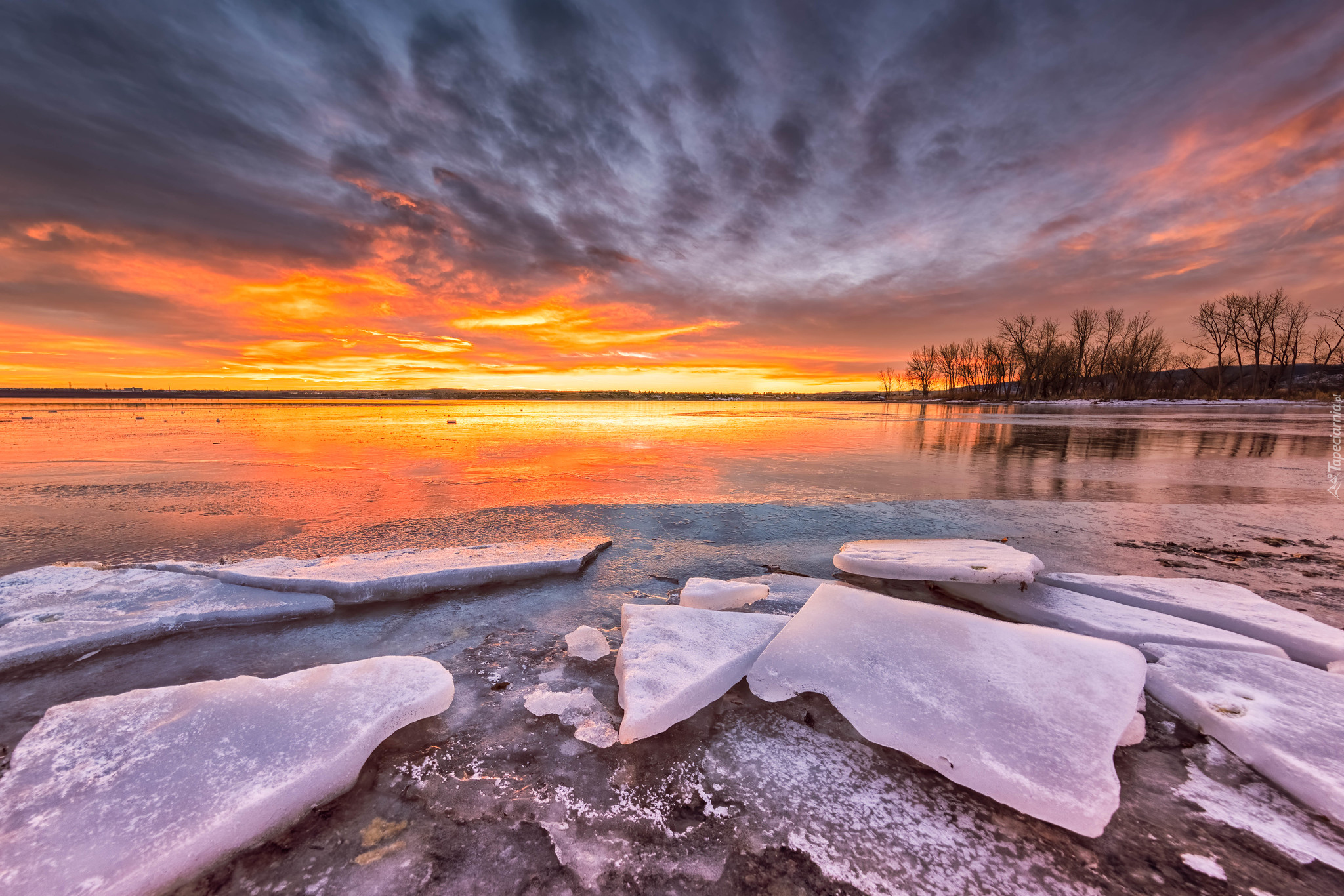 Wschód słońca, Zima, Lód, Jezioro, Lake Chatfield, Park stanowy Chatfield, Kolorado, Stany Zjednoczone