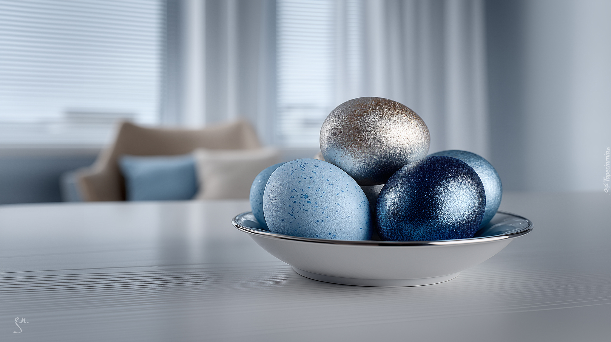 Niebieskie, Jajka, Pisanki, Wielkanoc, Talerz, Stół, Grafika AI