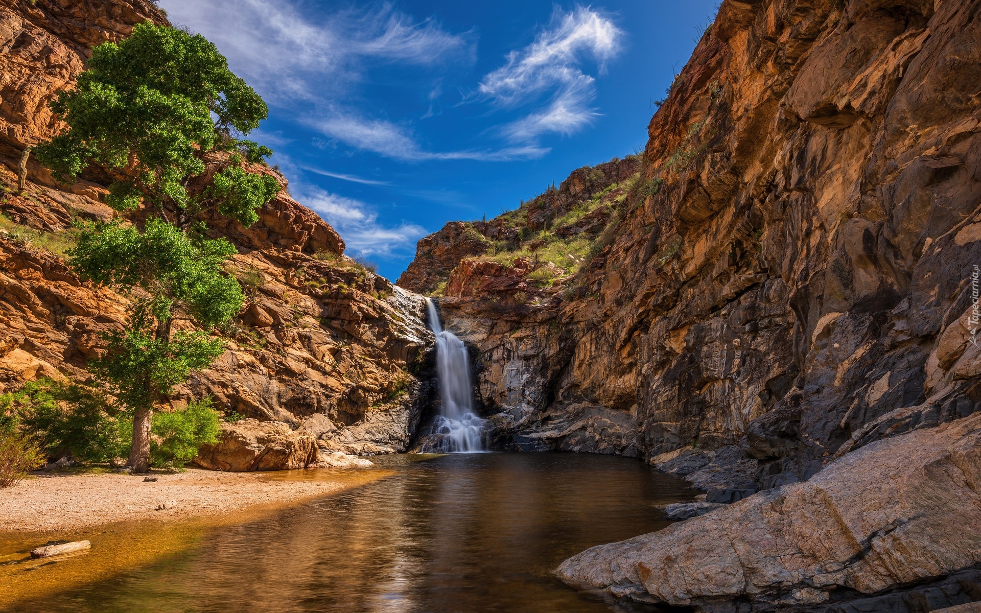 Stany Zjednoczone, Arizona, Tucson, Skały, Wodospad, Tanque Verde Falls, Drzewa