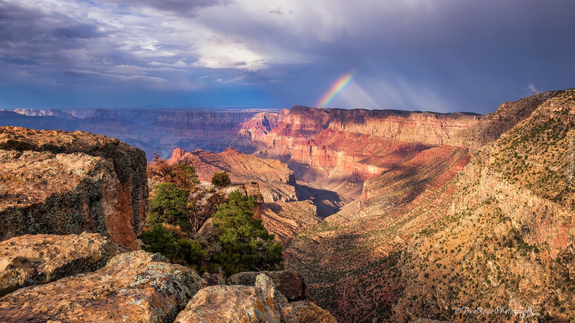 Stany Zjednoczone, Arizona, Kanion, Wielki Kanion Kolorado, Grand Canyon, Park Narodowy Wielkiego Kanionu, Skały, Chmury, Tęcza