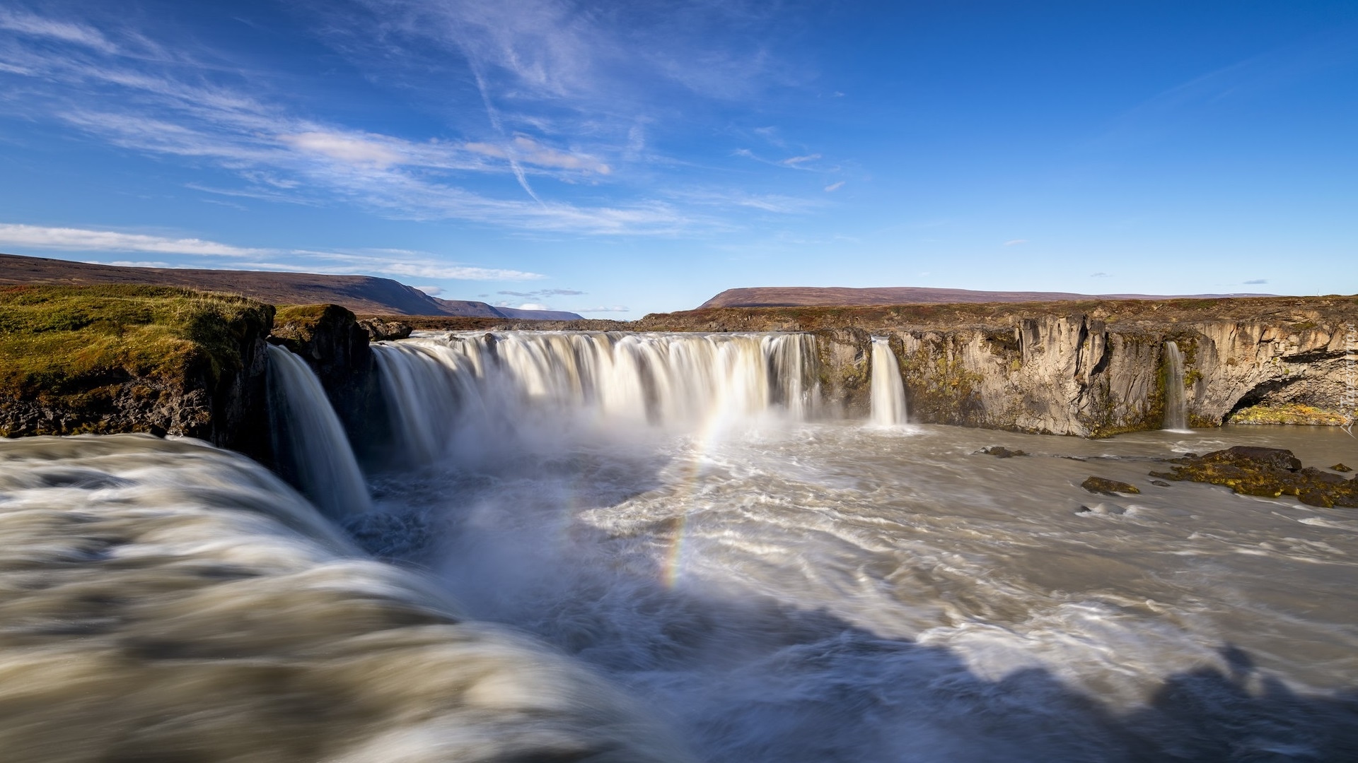 Skały, Wodospad Godafoss, Rzeka, Tęcza, Islandia