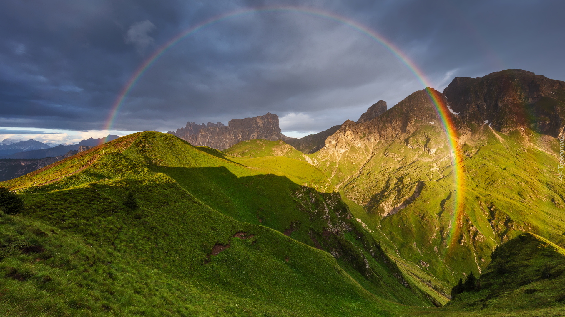 Góry, Dolomity, Ciemne, Chmury, Tęcza, Włochy