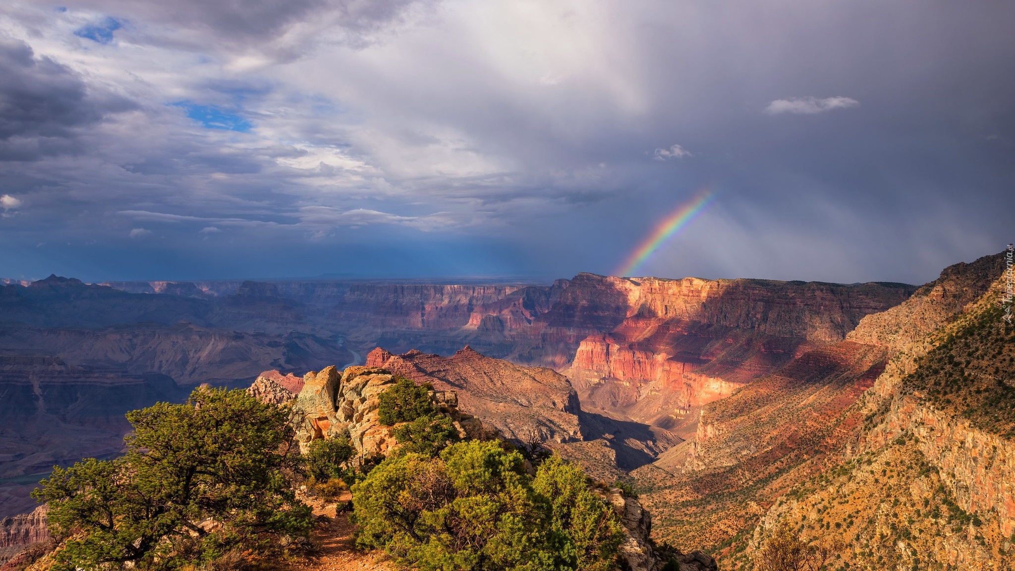 Kanion, Wielki Kanion Kolorado, Grand Canyon, Park Narodowy Wielkiego Kanionu, Skały, Chmury, Tęcza, Drzewa, Arizona, Stany Zjednoczone