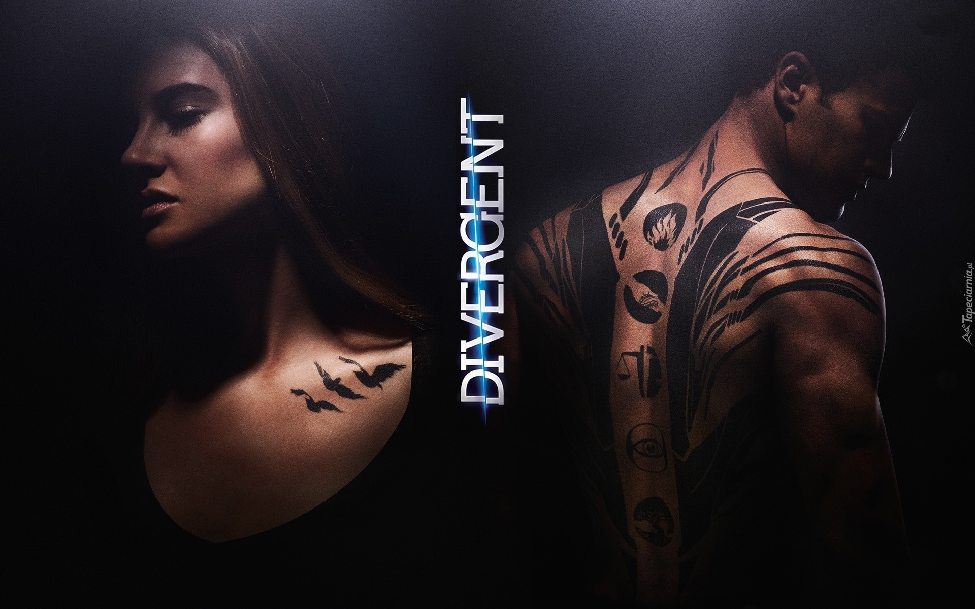 Film, Divergent, Niezgodna, Aktor, Theo James, Aktorka, Shailene Woodley, Tatuaż, Ptaki, Symbol