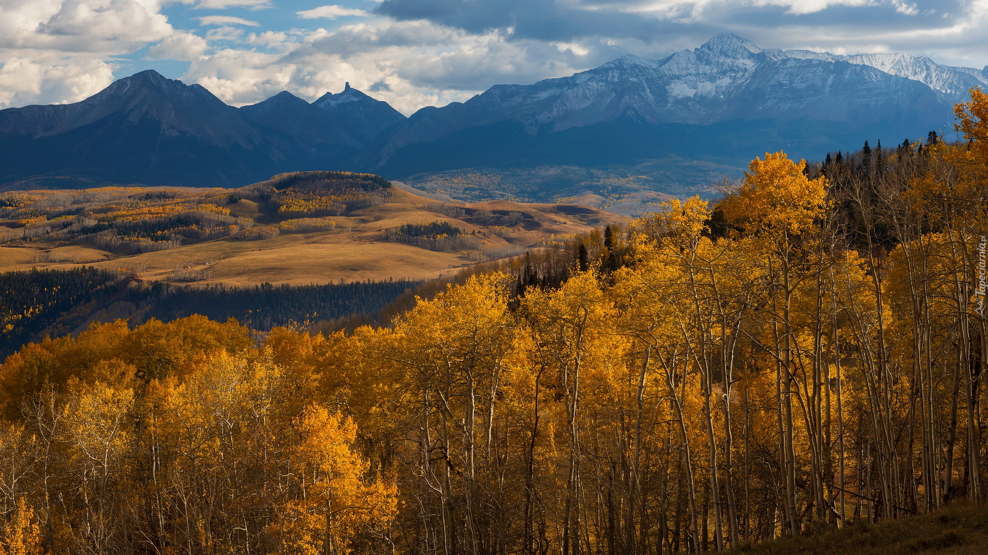 Góry, San Juan Mountains, Jesień, Dolina, Drzewa, Topole osikowe, Hrabstwo San Miguel, Kolorado, Stany Zjednoczone