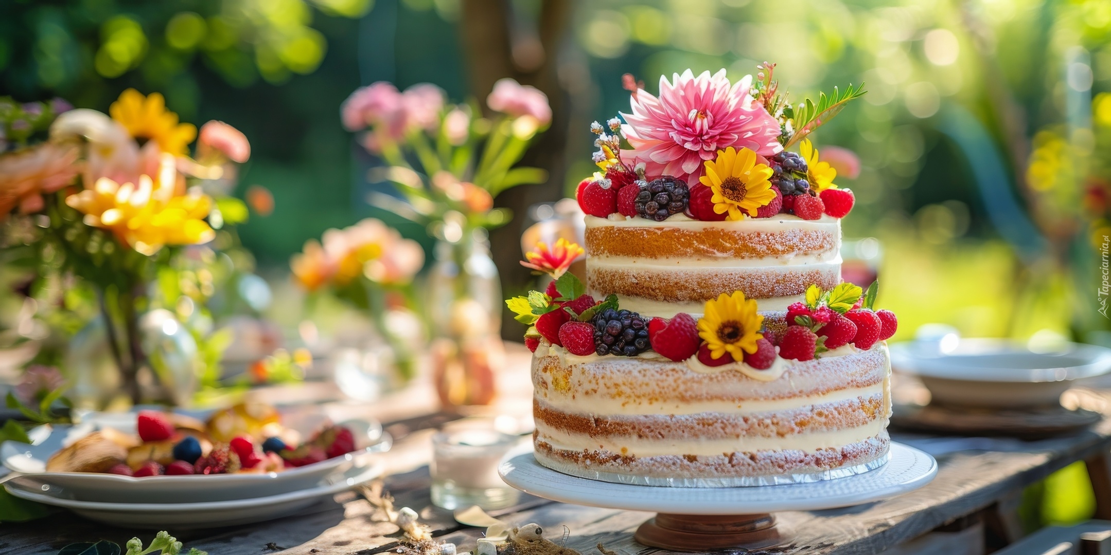 Tort, Owoce, Kwiaty, Ozdoby, Grafika