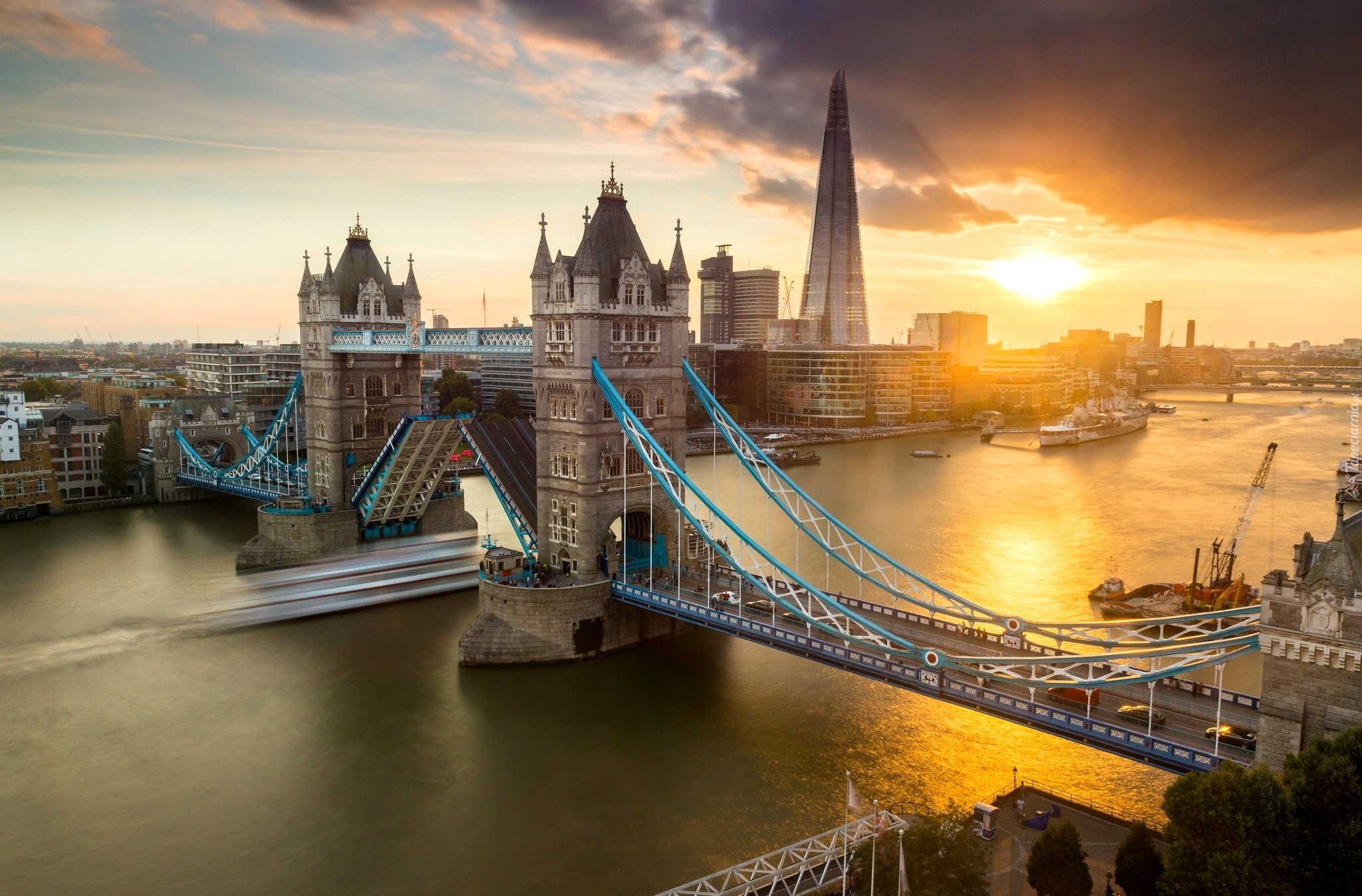 Rzeka, Most, Statki, Wschód, Słońca, Tower Bridge